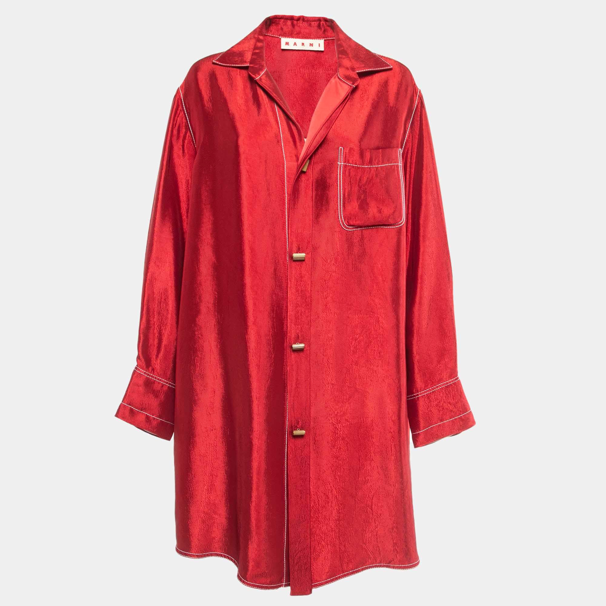 Marni Red Satin Oversized Shirt Dress S