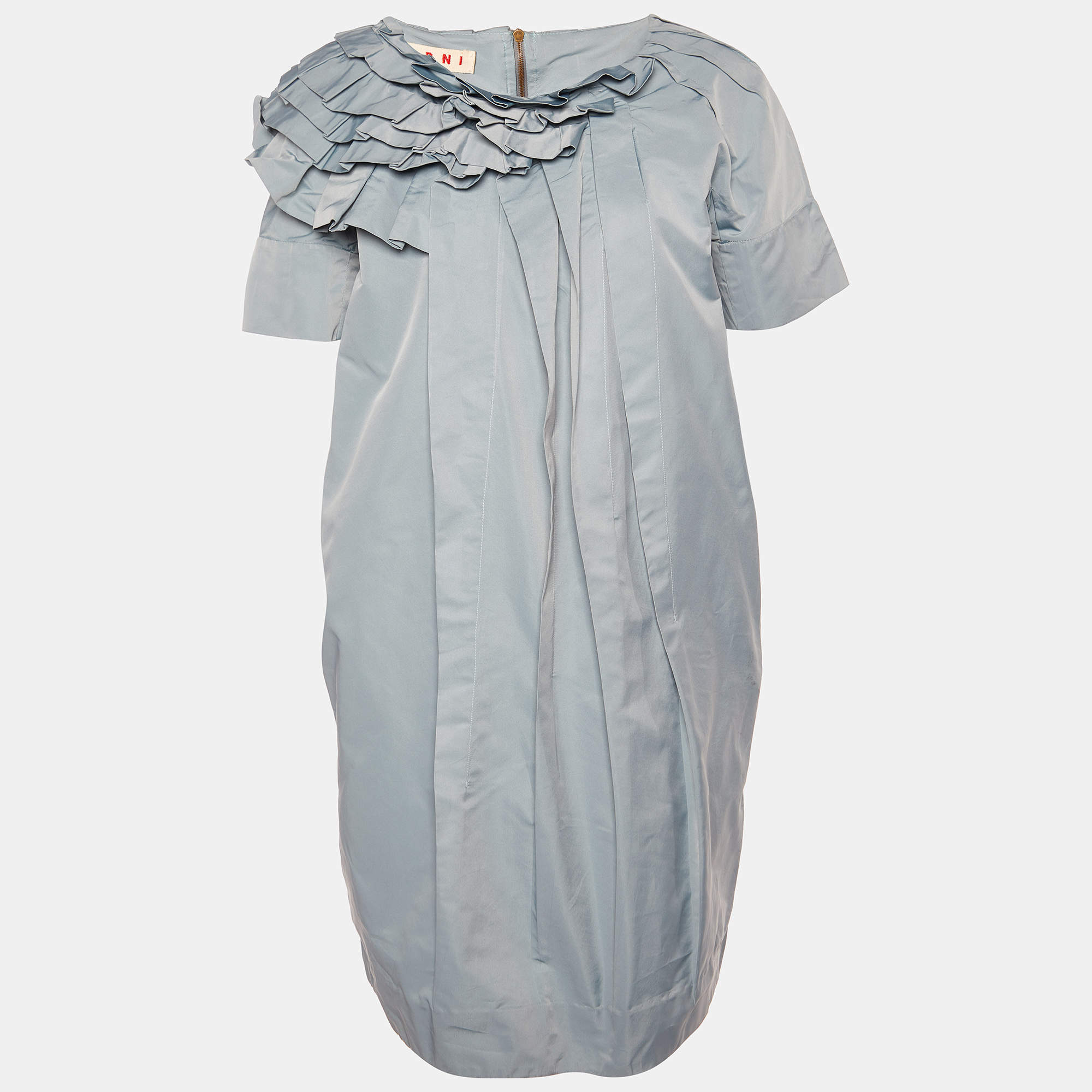 Pre Owned Marni Light Blue Synthetic Ruffle Detail Shift Dress M