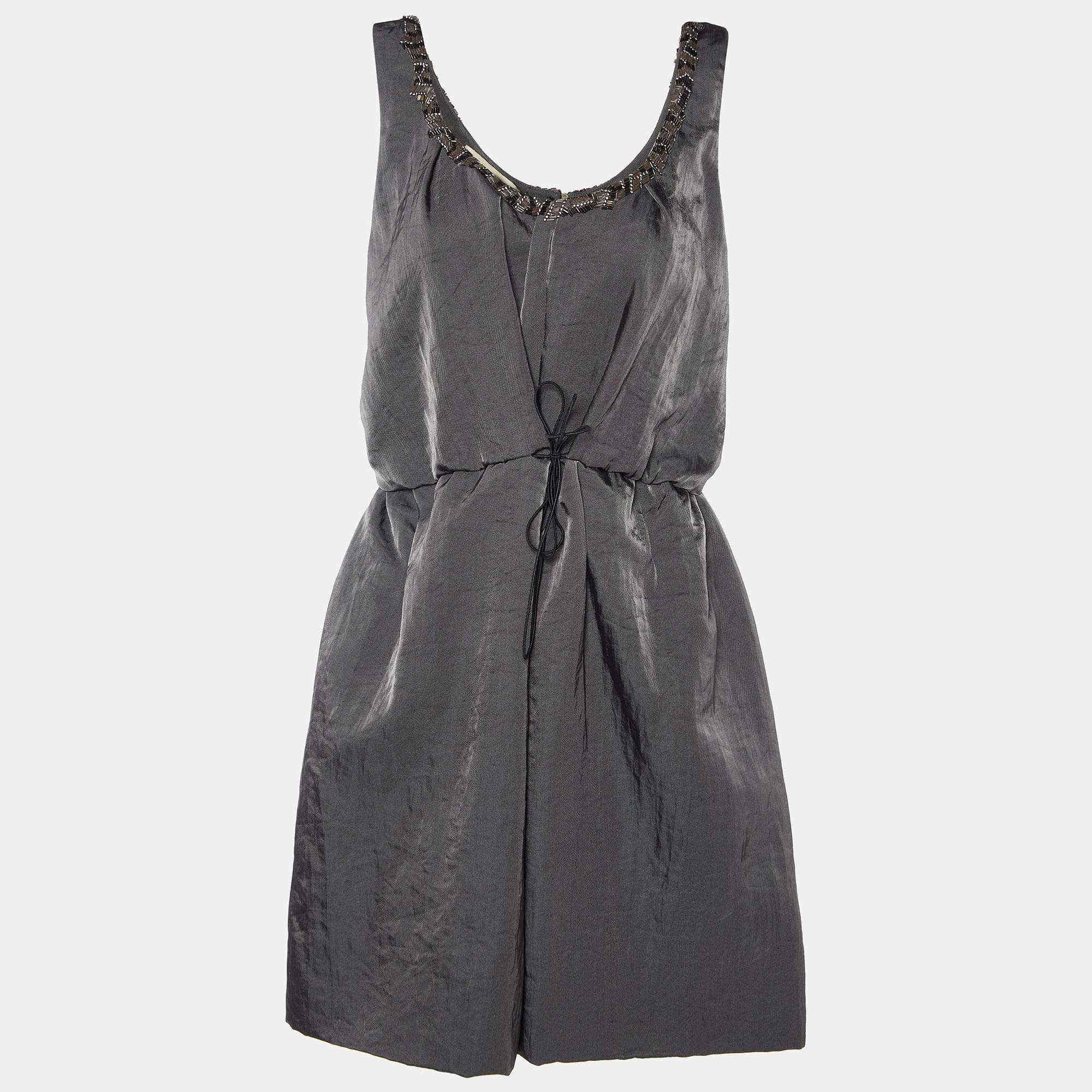 Pre Owned Marni Anthracite Grey Nylon Embellished Neck Mini Dress M