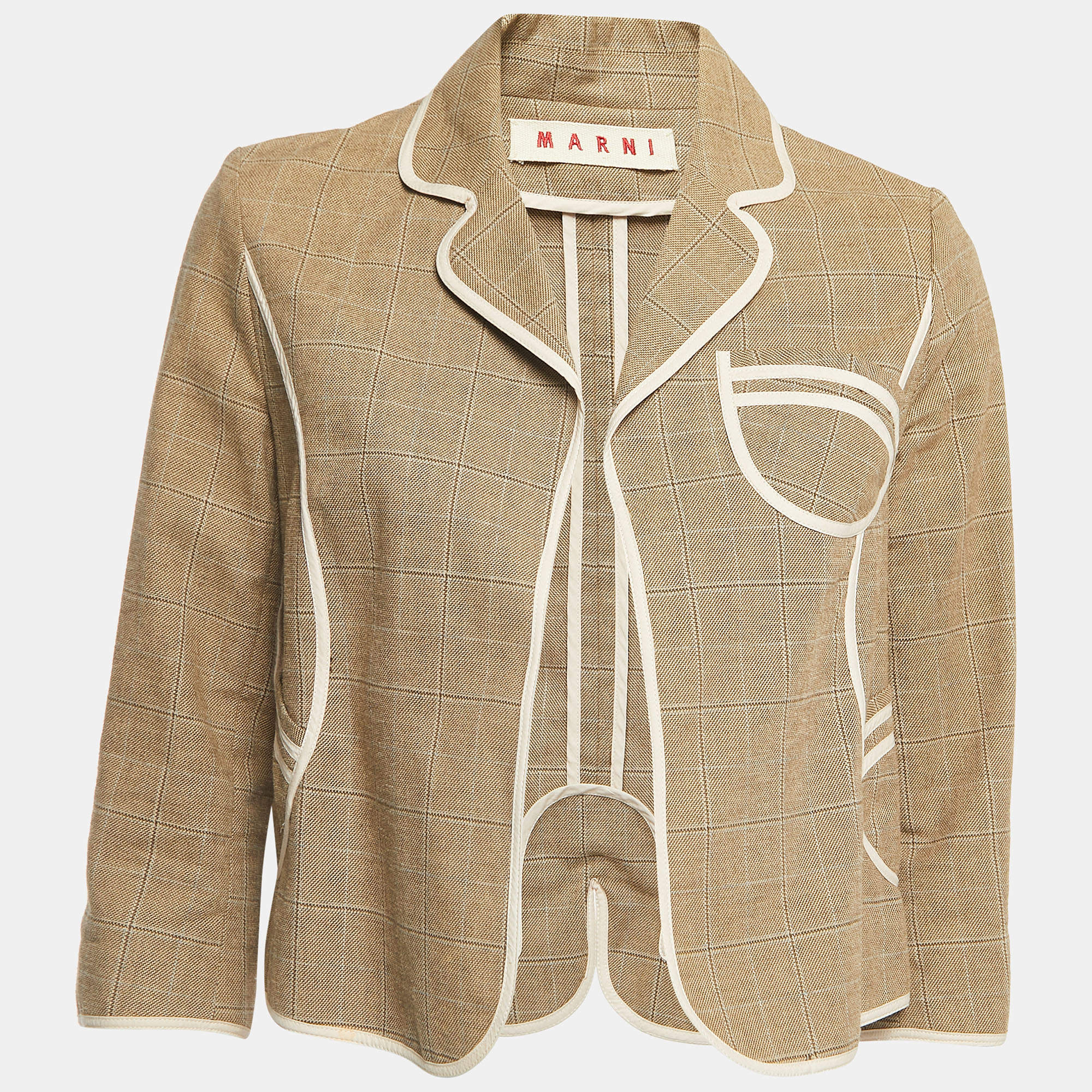 Marni Beige Checked Cotton Open Front Blazer M