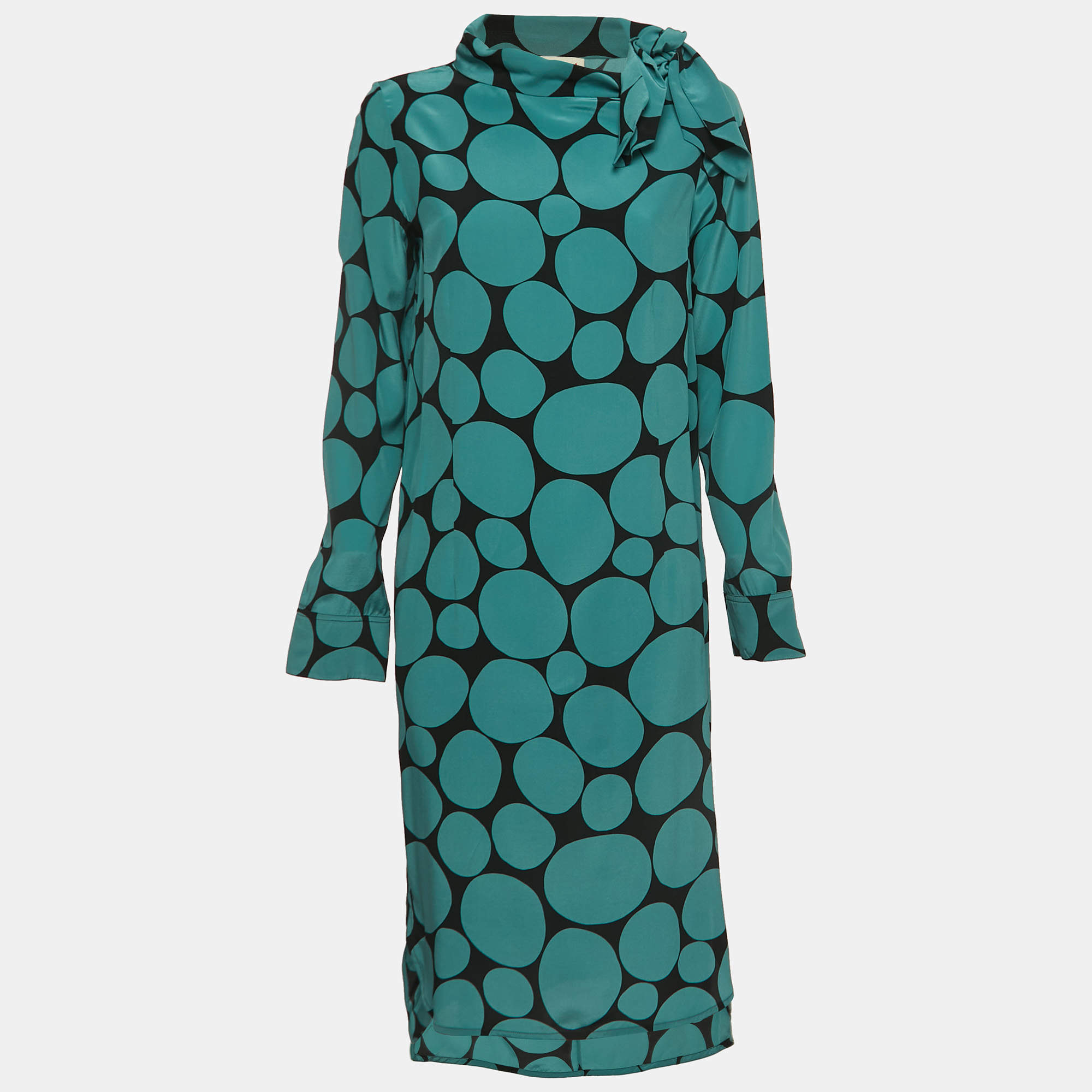 Pre Owned Marni Black/Blue Dotted Silk Neck Tie Long Sleeve Midi Dress M