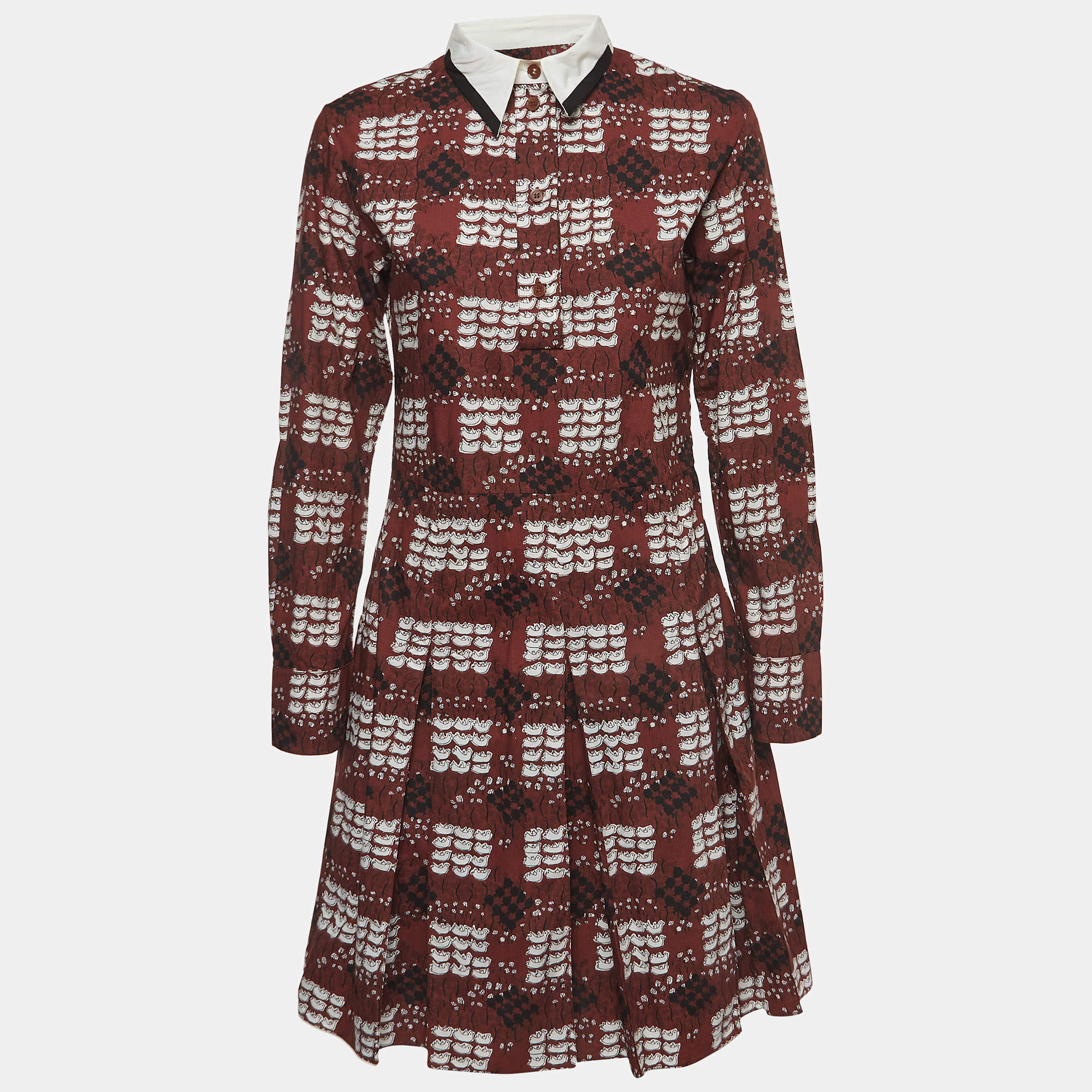 Pre Owned Marni Summer Edition 2013 Brown Print Cotton Pleated Button Front Shirt Dress S