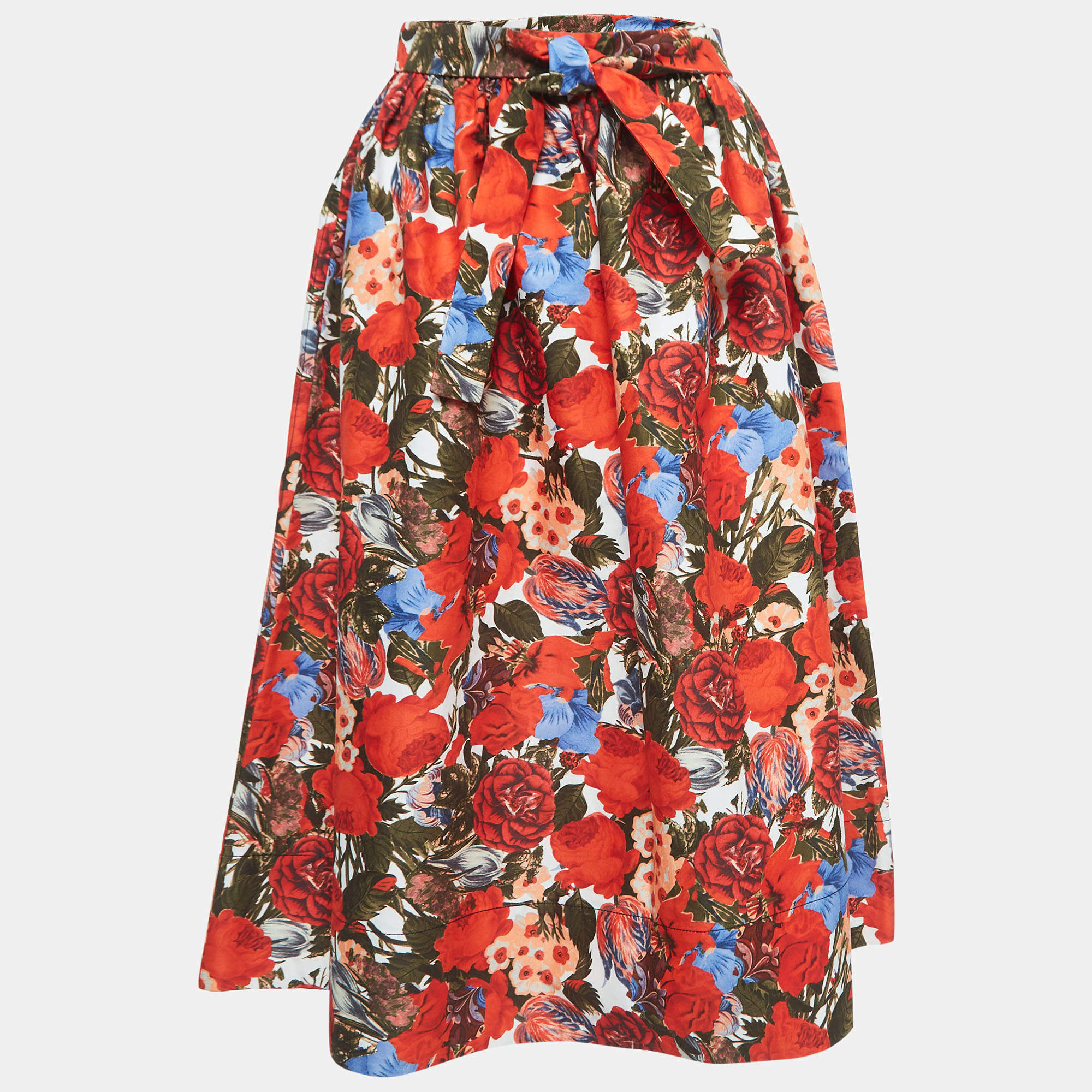 Marni Red Floral Print Cotton Gathered Midi Skirt S