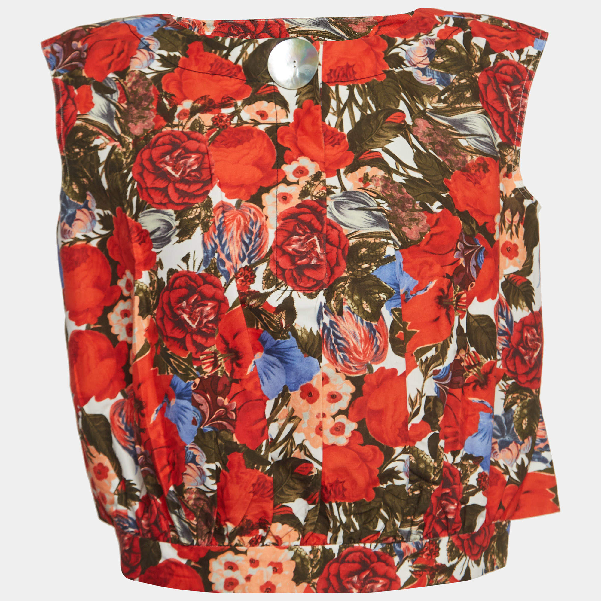 Pre Owned Marni Red Floral Print Cotton Bateau Neck Blouse S