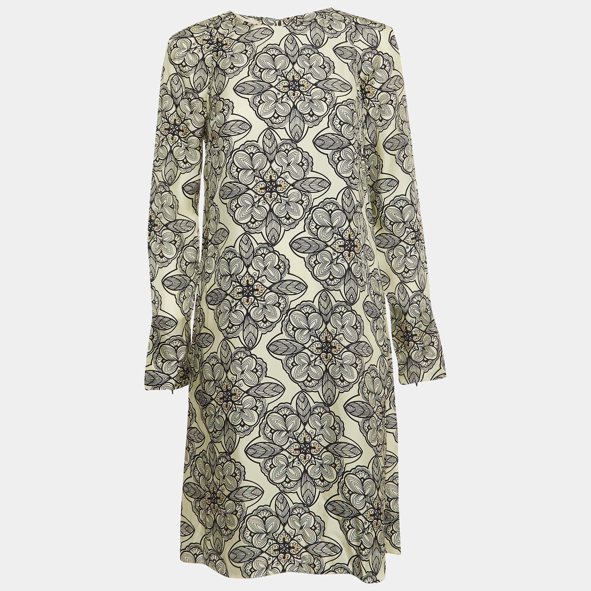 Marni Cream Floral Print Silk Long Sleeve A-Line Dress M