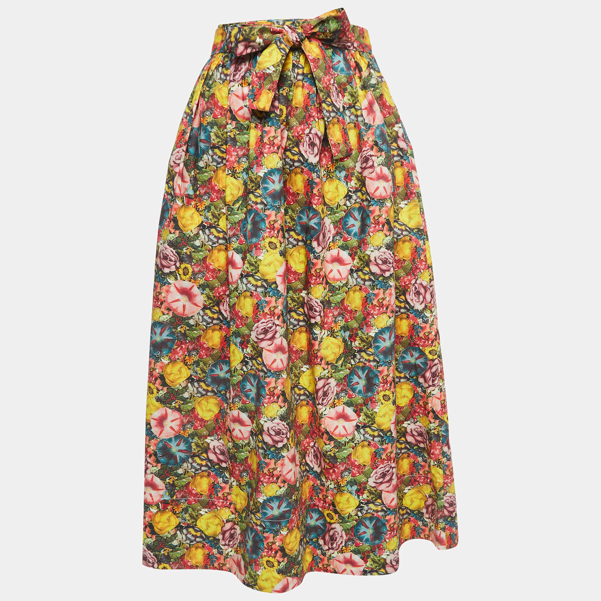 Marni Multicolor Floral Print Cotton Poplin Gathered Midi Skirt S