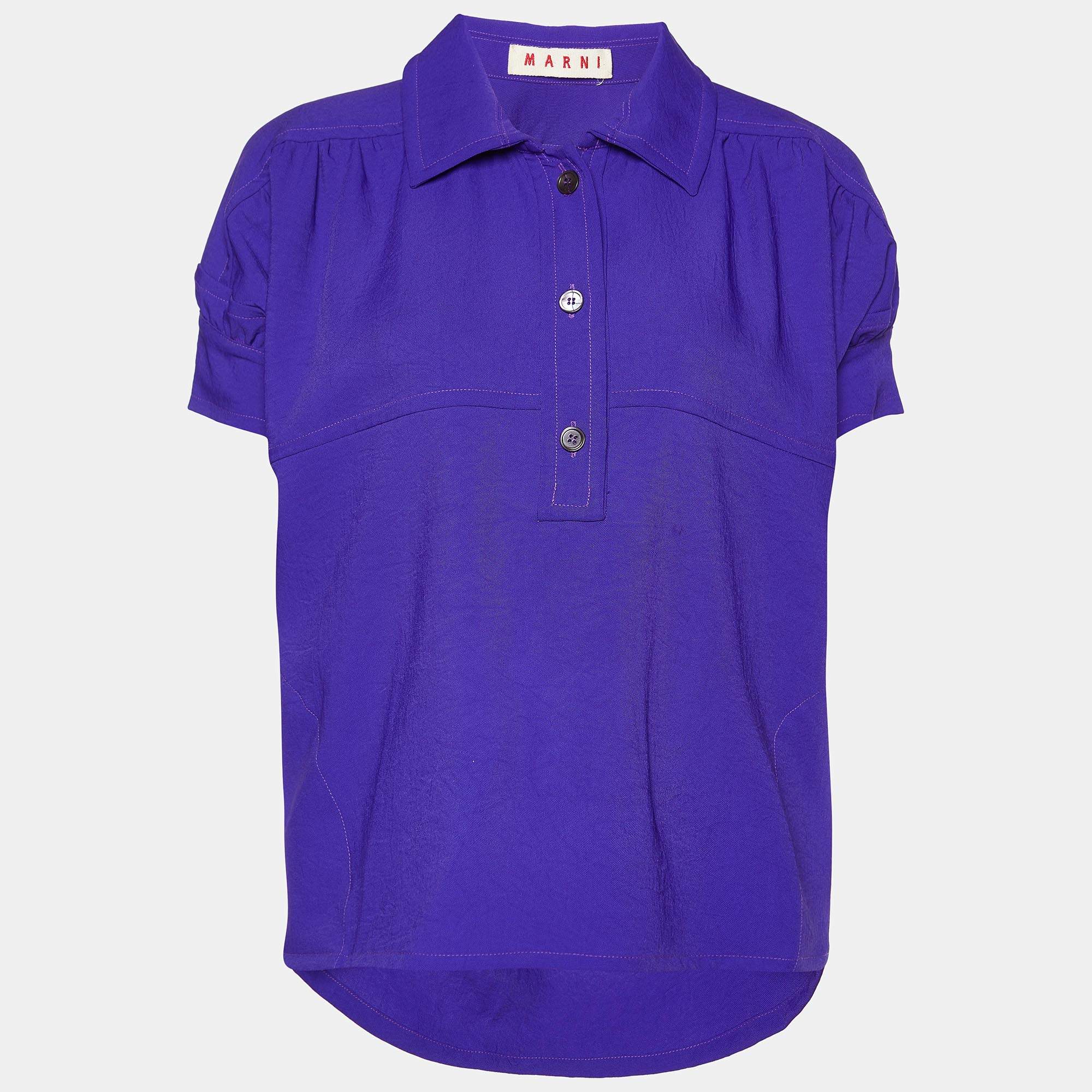 Pre Owned Marni Blue Crepe Puff Sleeve Shirt Blouse S