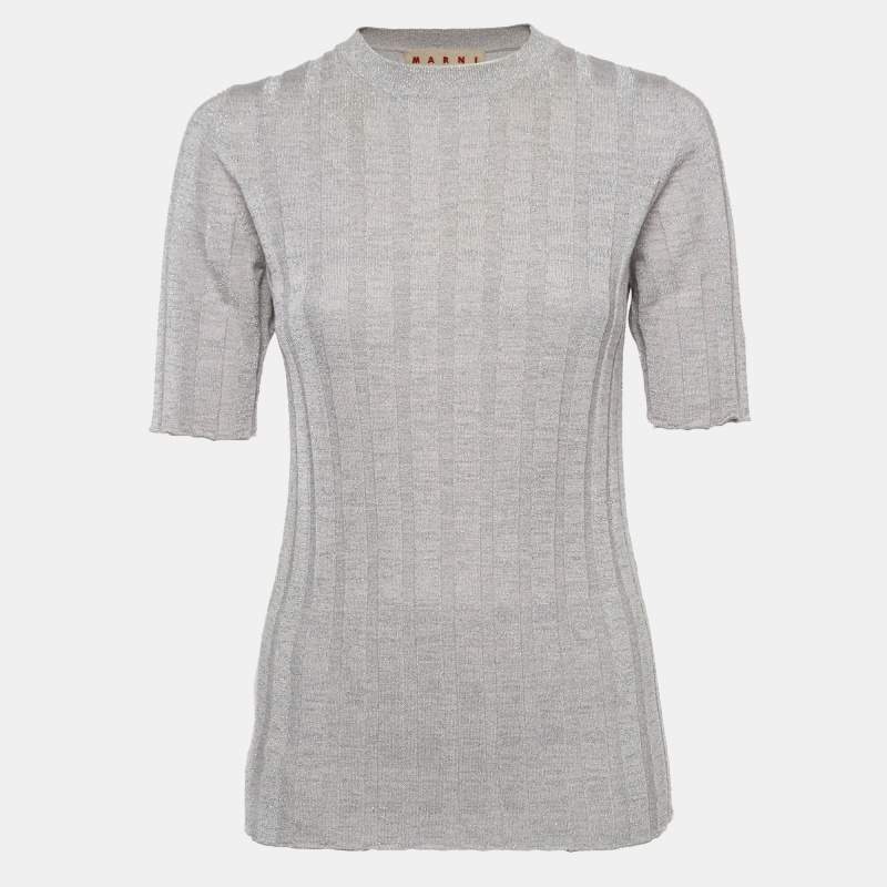 Pre Owned Marni Silver Lurex Knit Mock Neck Top M