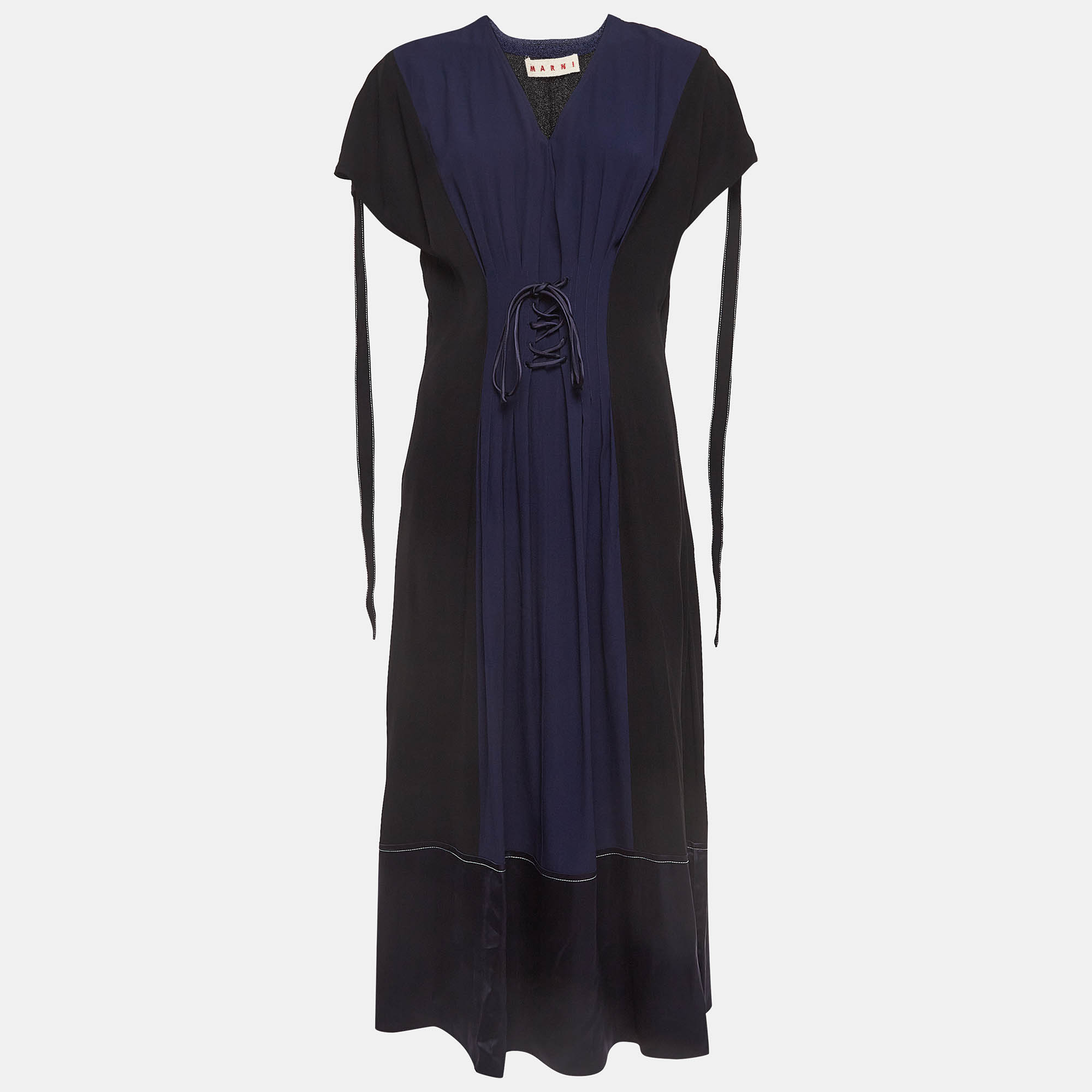 Pre Owned Marni Black and Blue Sateen Lace-Up Waist Detailed Midi Dress S