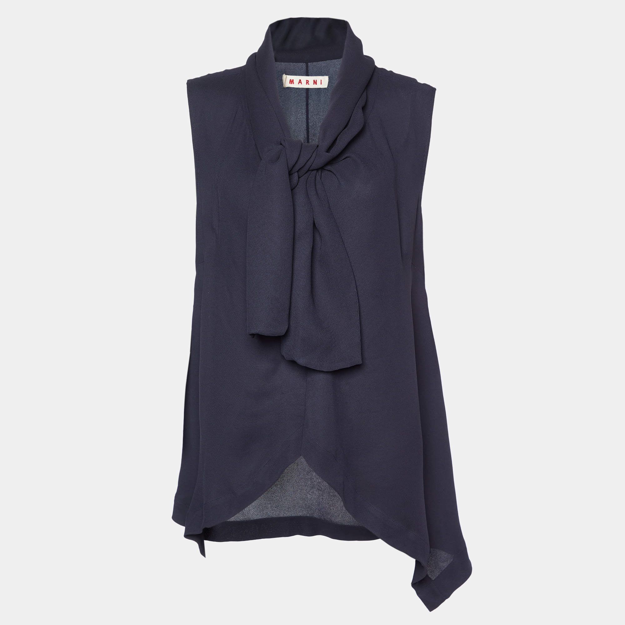 Marni Midnight Blue Crepe Draped Collar Sleeveless Top S