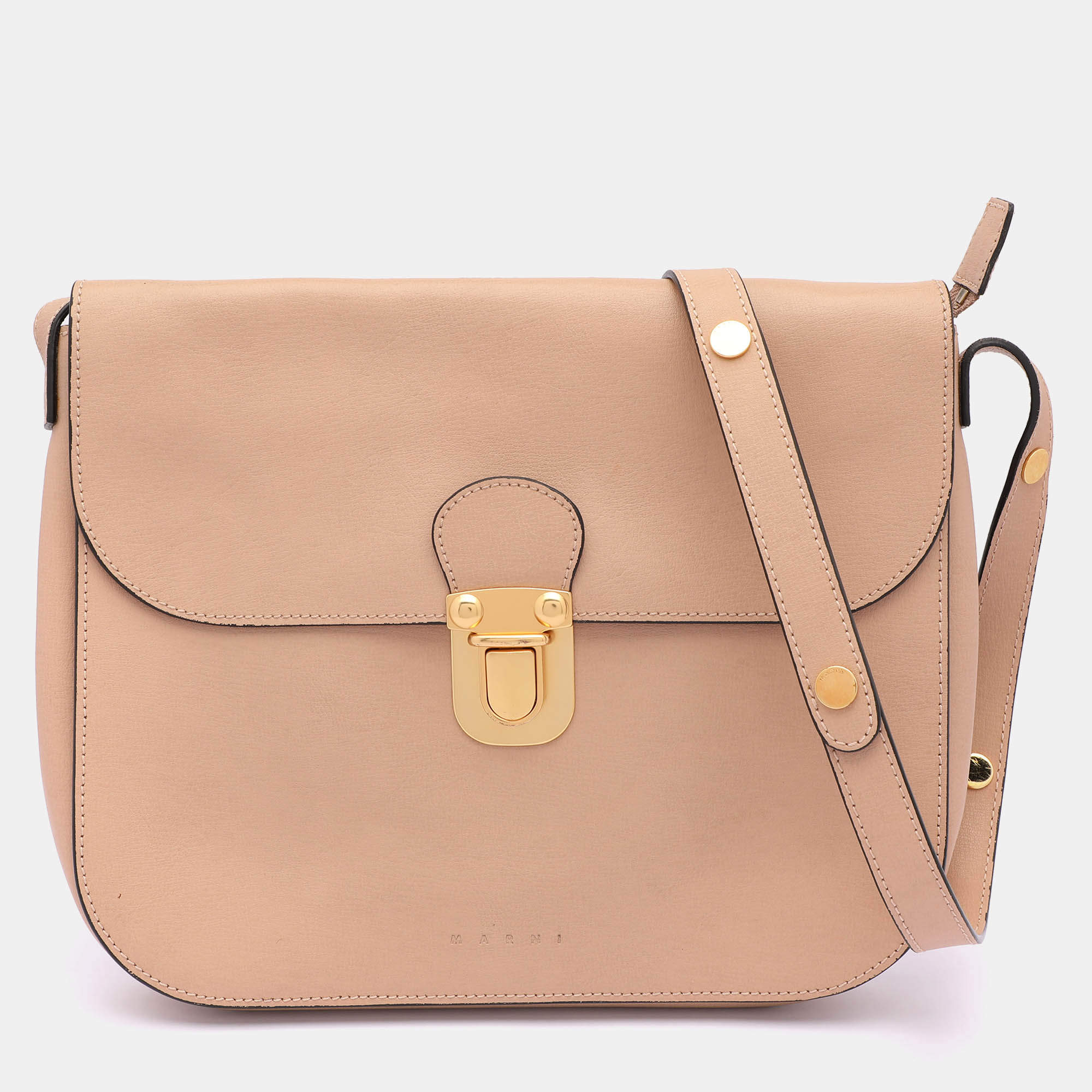 Marni Beige Leather Push Lock Flap Shoulder Bag