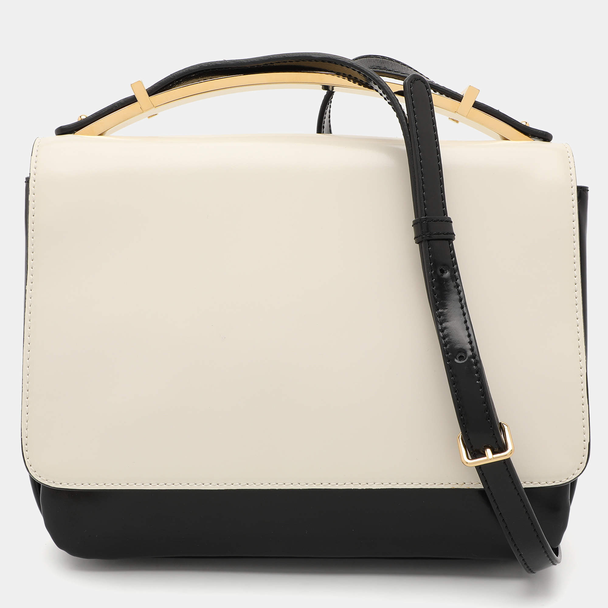 Marni Cream/Black Leather Metal Top Handle Bag