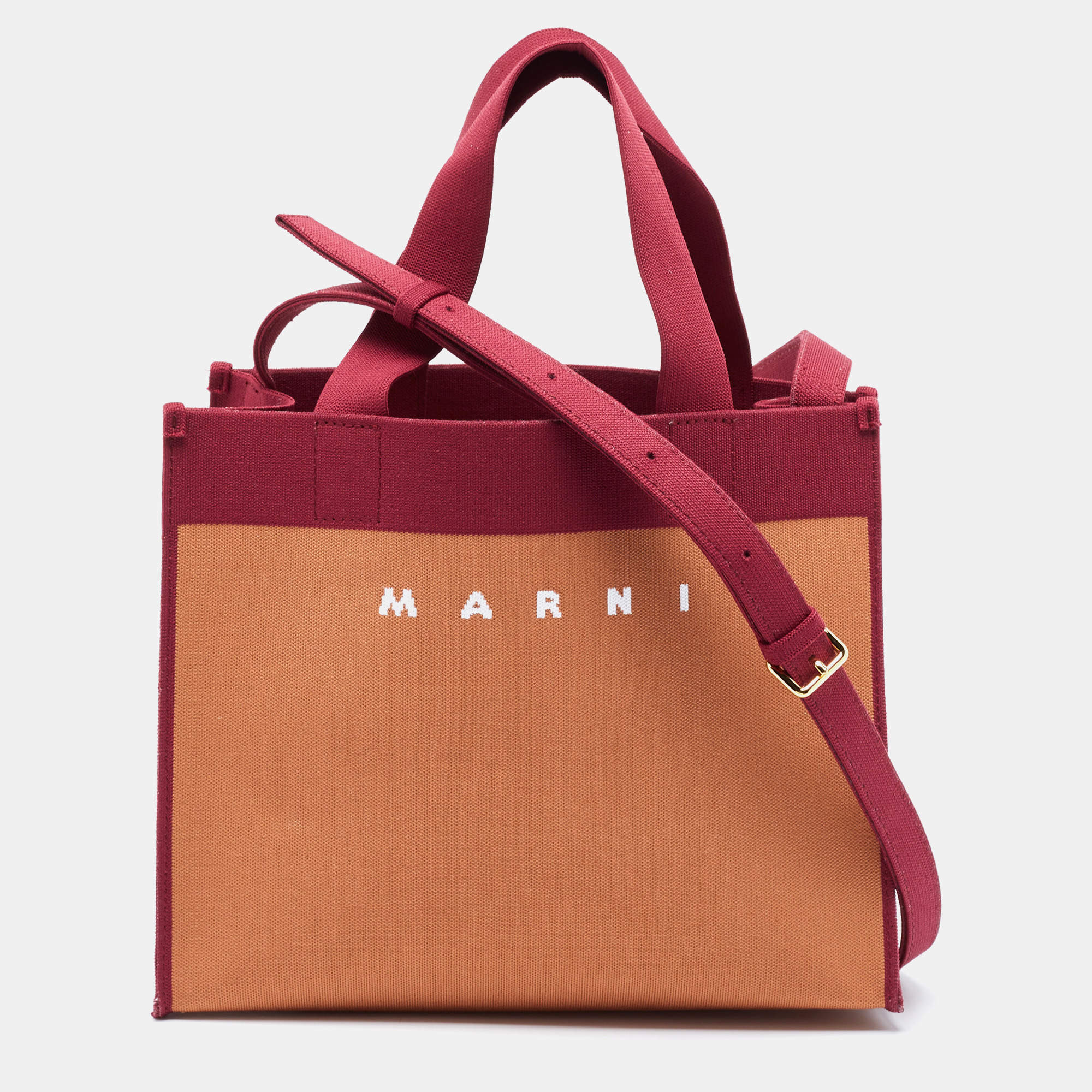 Marni Burgundy/Brown Jacquard Canvas Logo Tote