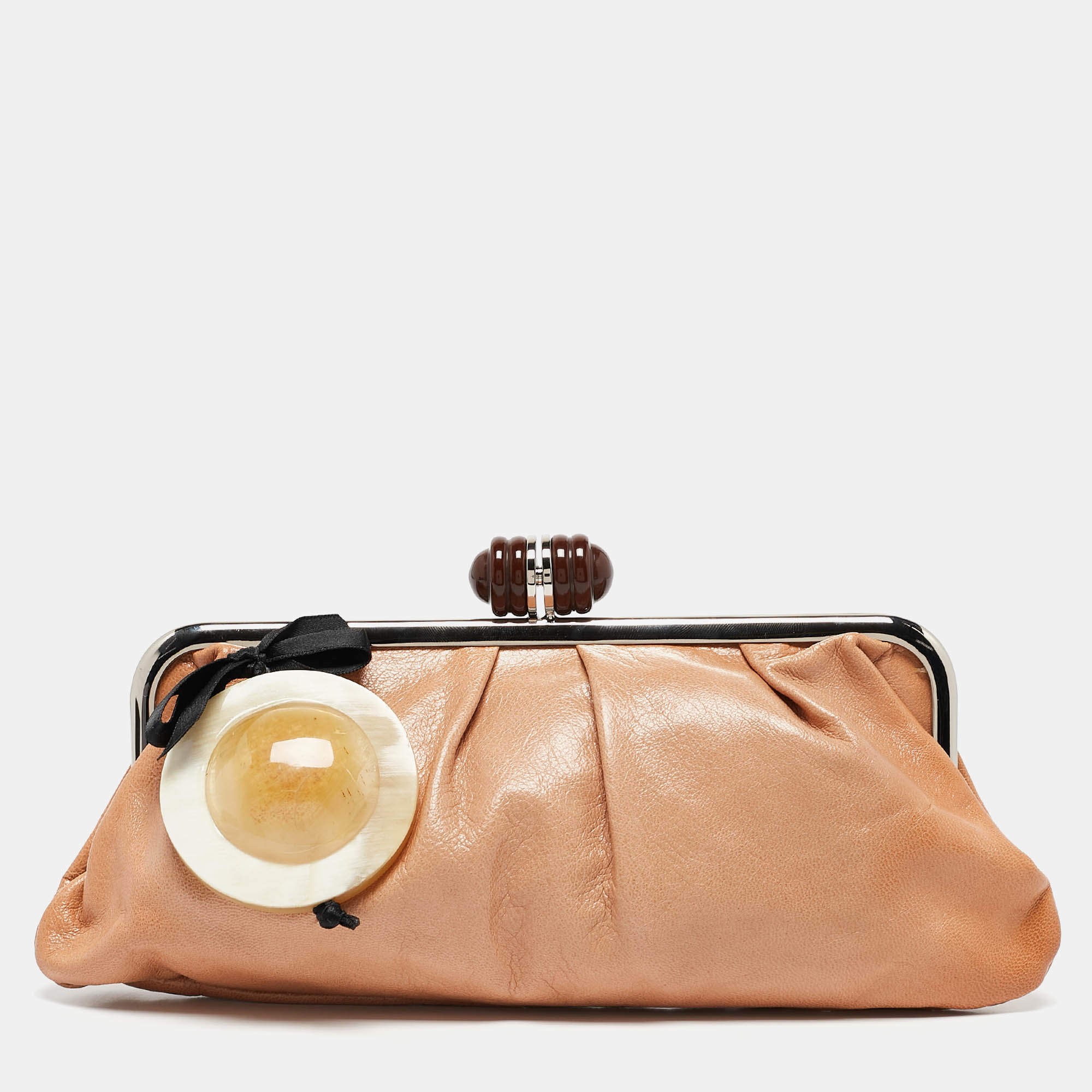Marni Brown Leather Embellished Frame Clutch