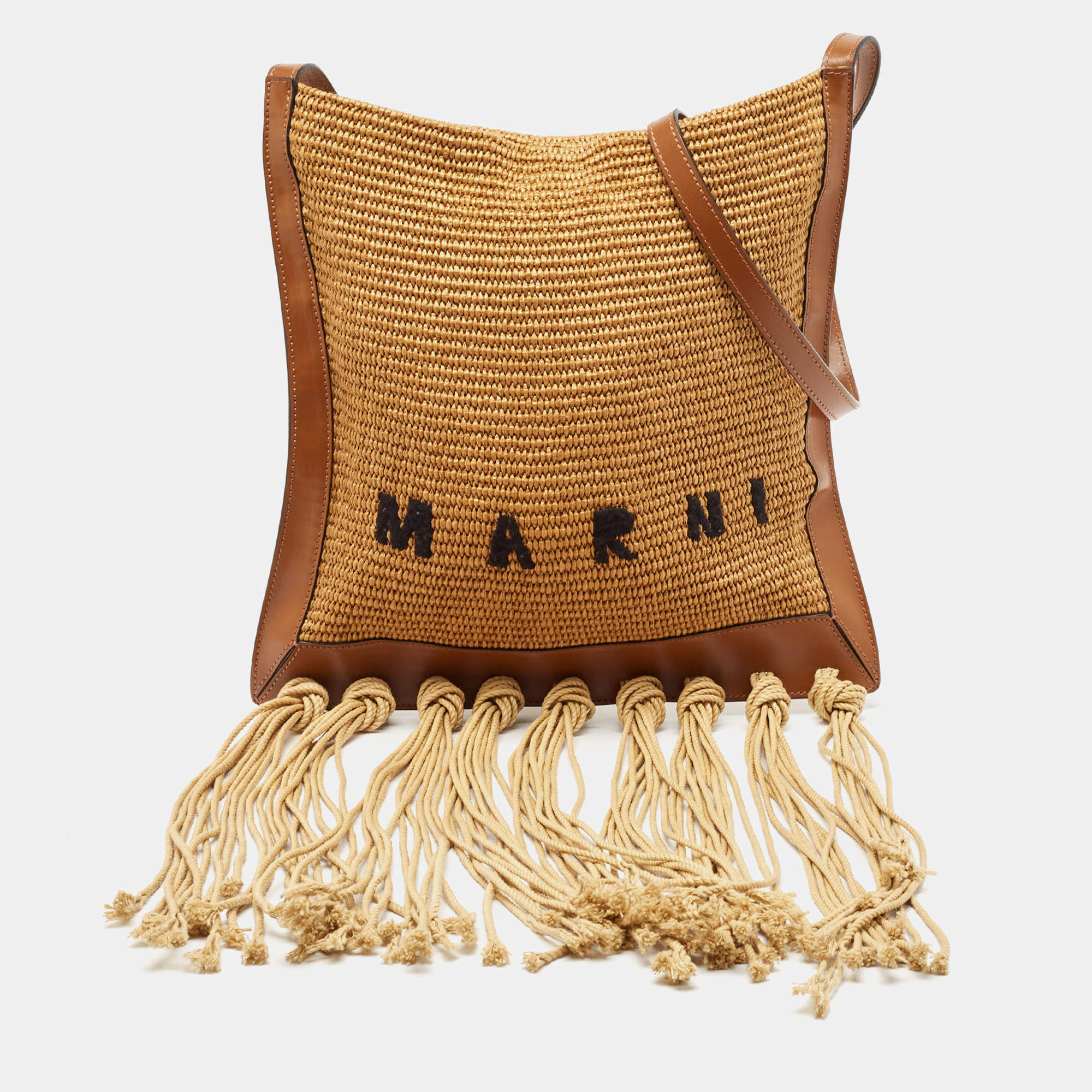 Marni Beige/Brown Leather and Raffia Fringe Shoulder Bag