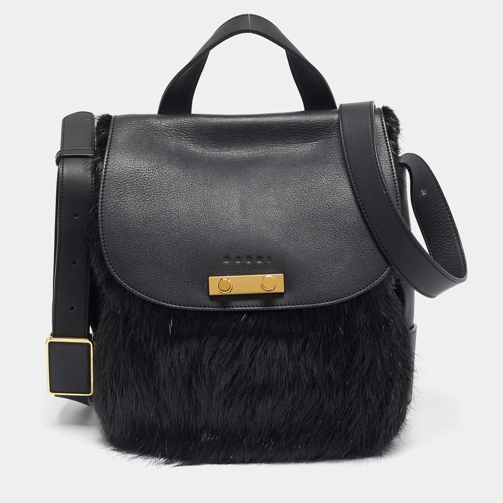 Marni Black Nutria Fur and Leather Messenger Bag