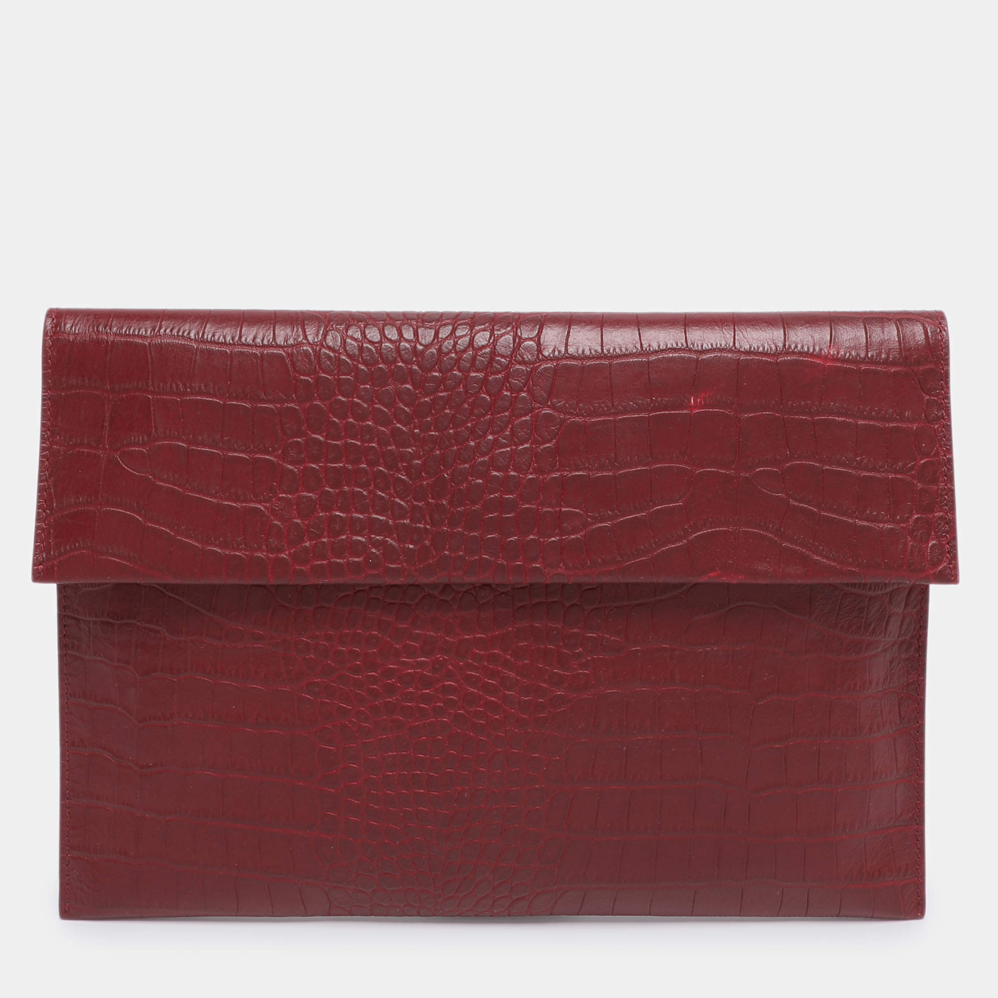 Pre Owned Marni Burgundy Croc Embossed Leather Flap Clutch