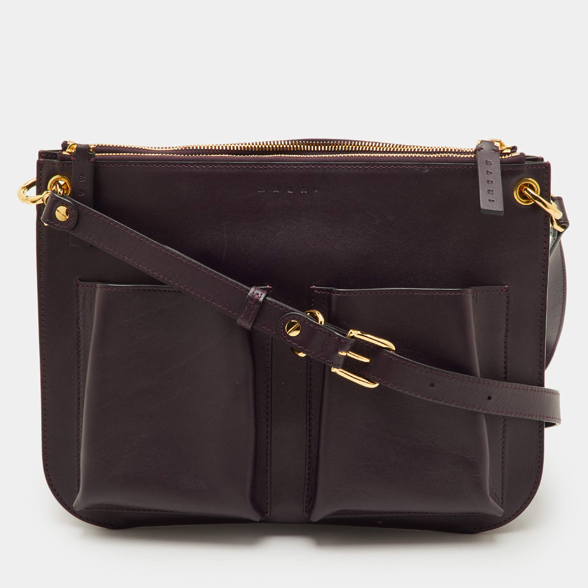 مملوكة مسبقًا Marni Dark Purple Leather Top Zip Shoulder Bag