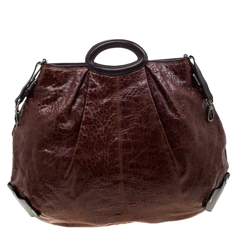 Pre Owned Marni Brown Croc Embossed Glaze Leather Balloon Hobo