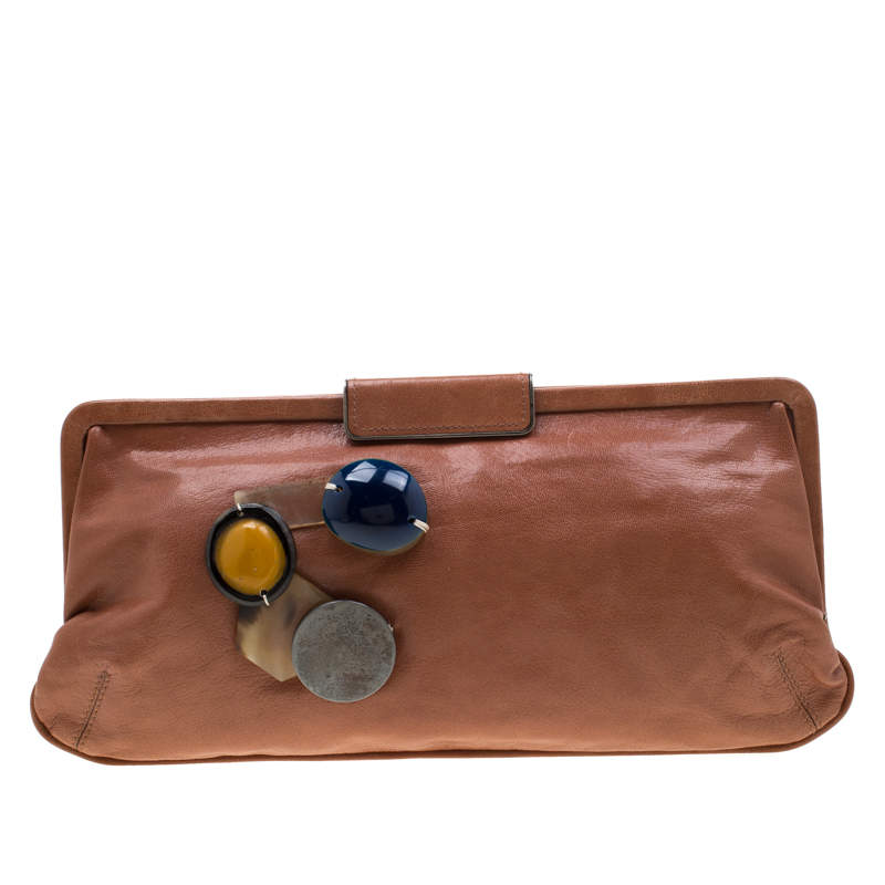 Marni Brown Glaze Leather Multicolor Stone Frame Clutch