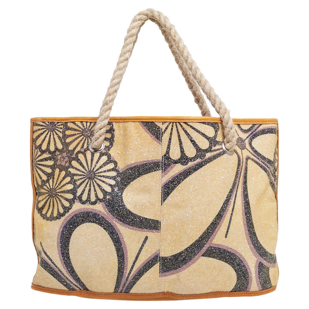 Marni Tan/Gold Floral Print Coated Canvas and Leather Rope Tote 