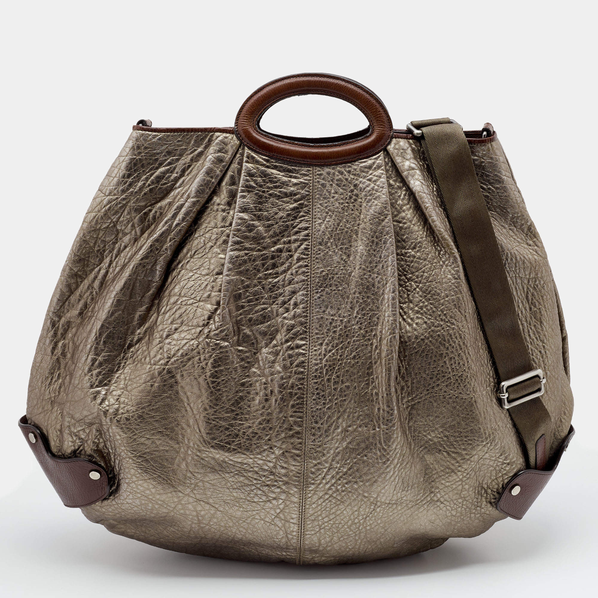 Pre Owned Marni Metallic Grey/Dark Brown Leather Balloon Hobo