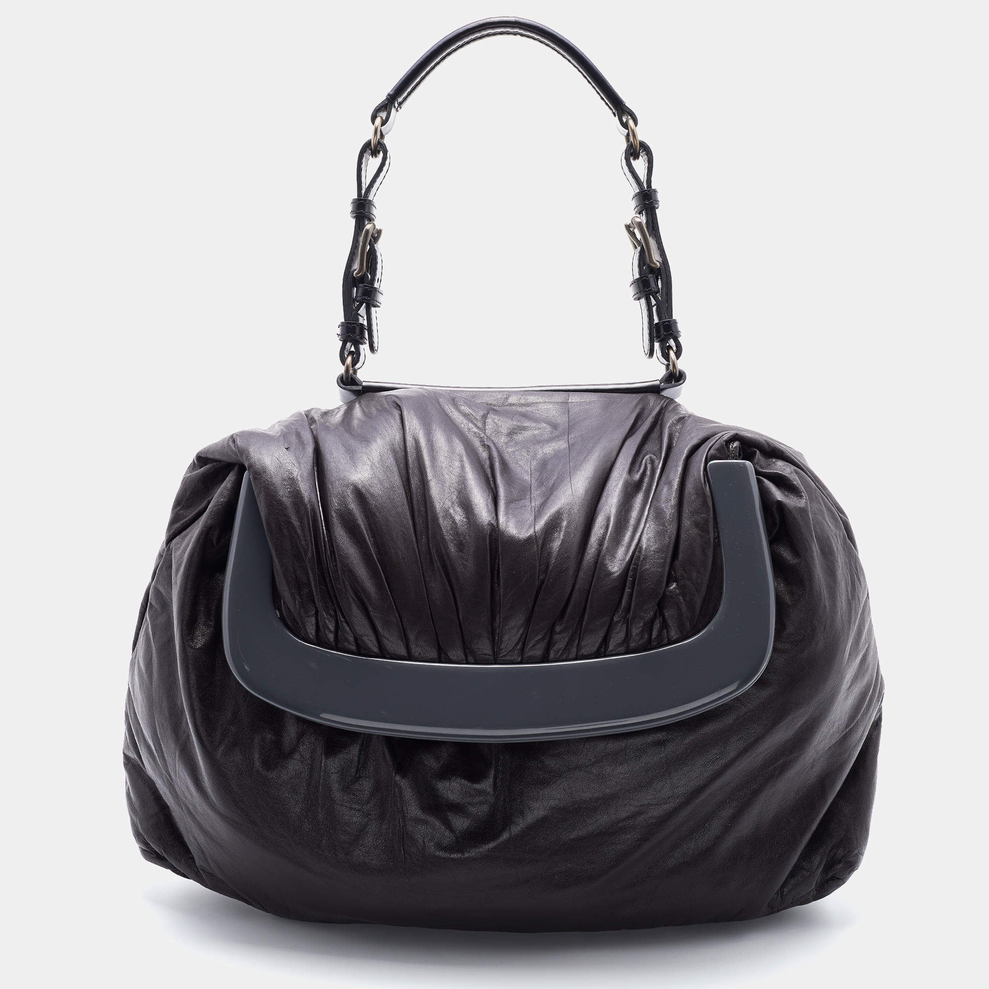 Marni Dark Brown/Black Leather Kiss Lock Satchel