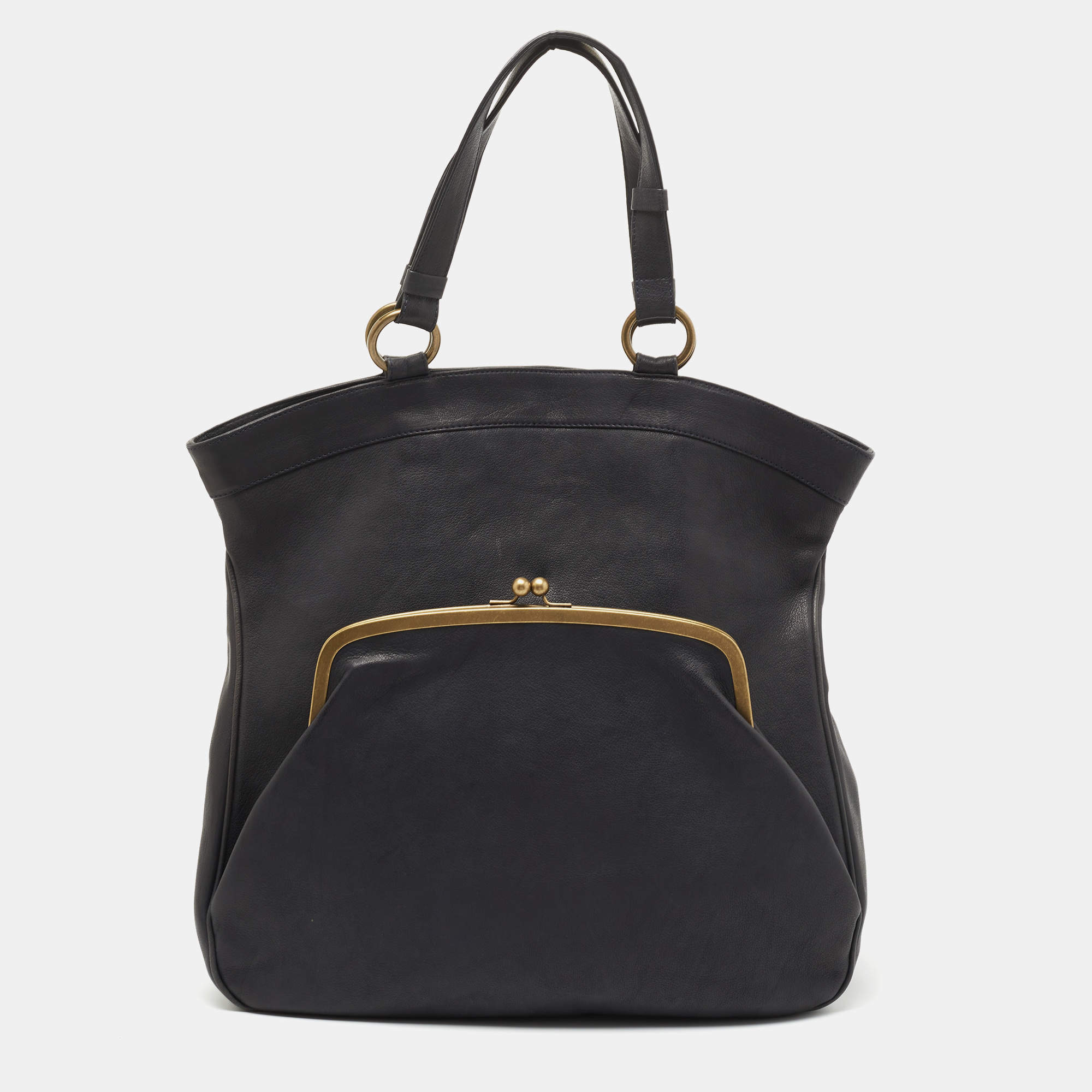 Pre Owned Marni Dark Blue Leather Kisslock Satchel