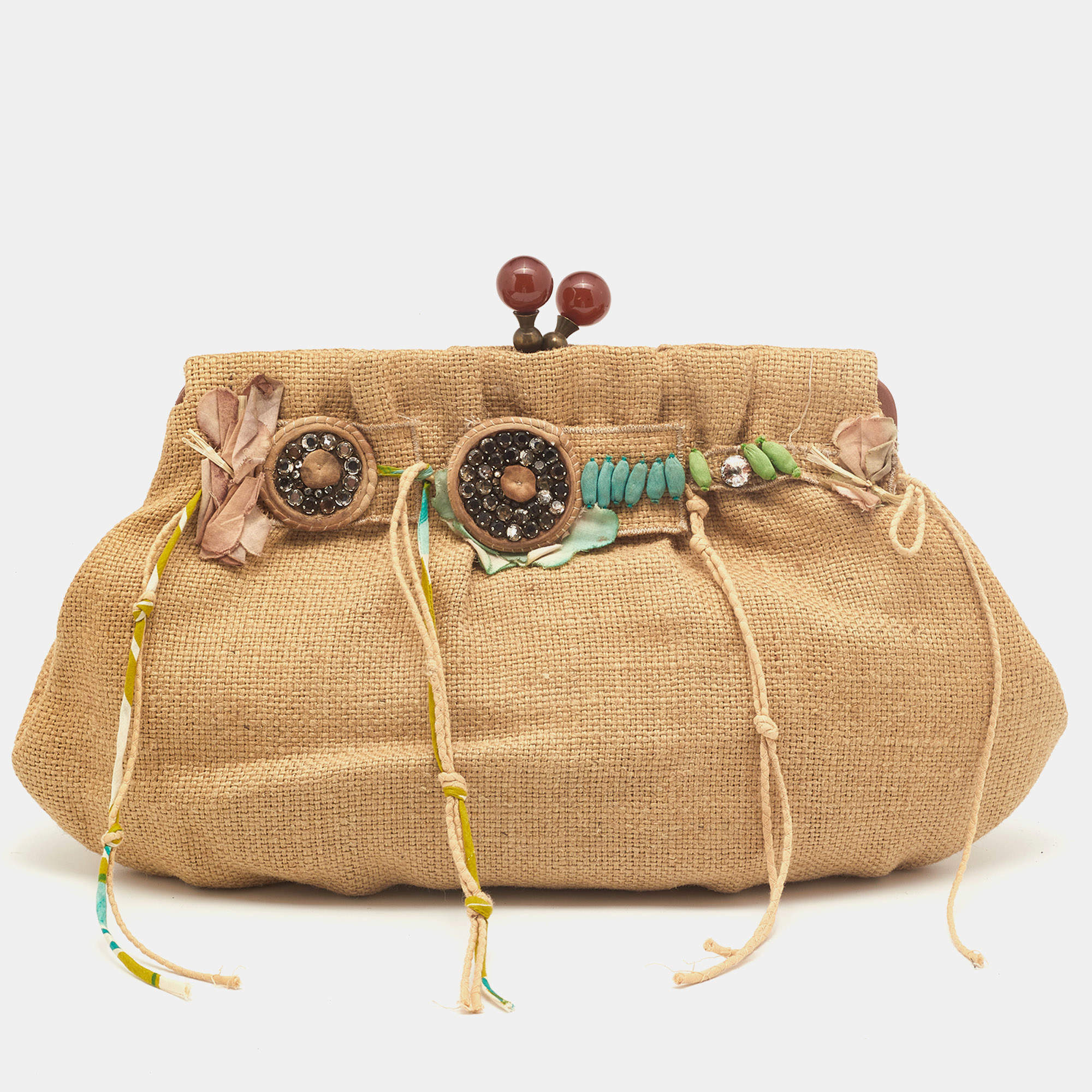 Pre Owned Marni Beige Jute Kisslock Frame Clutch