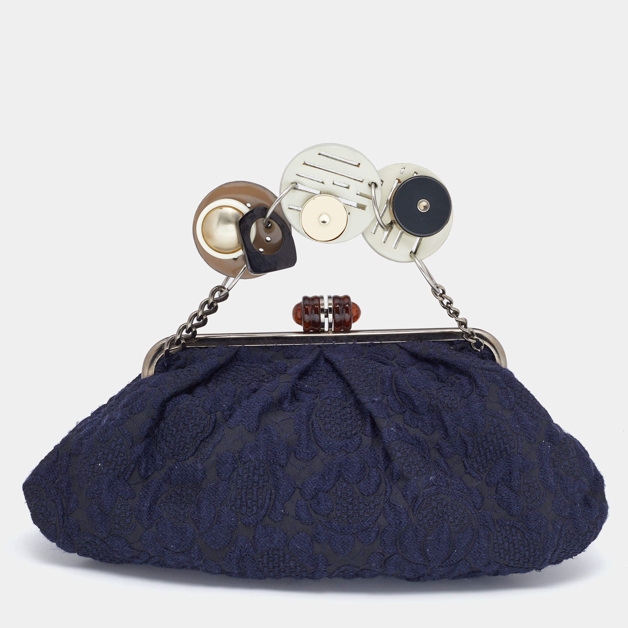 Pre Owned Marni Navy Blue Embroidered Fabric Frame Embellished Clutch Bag