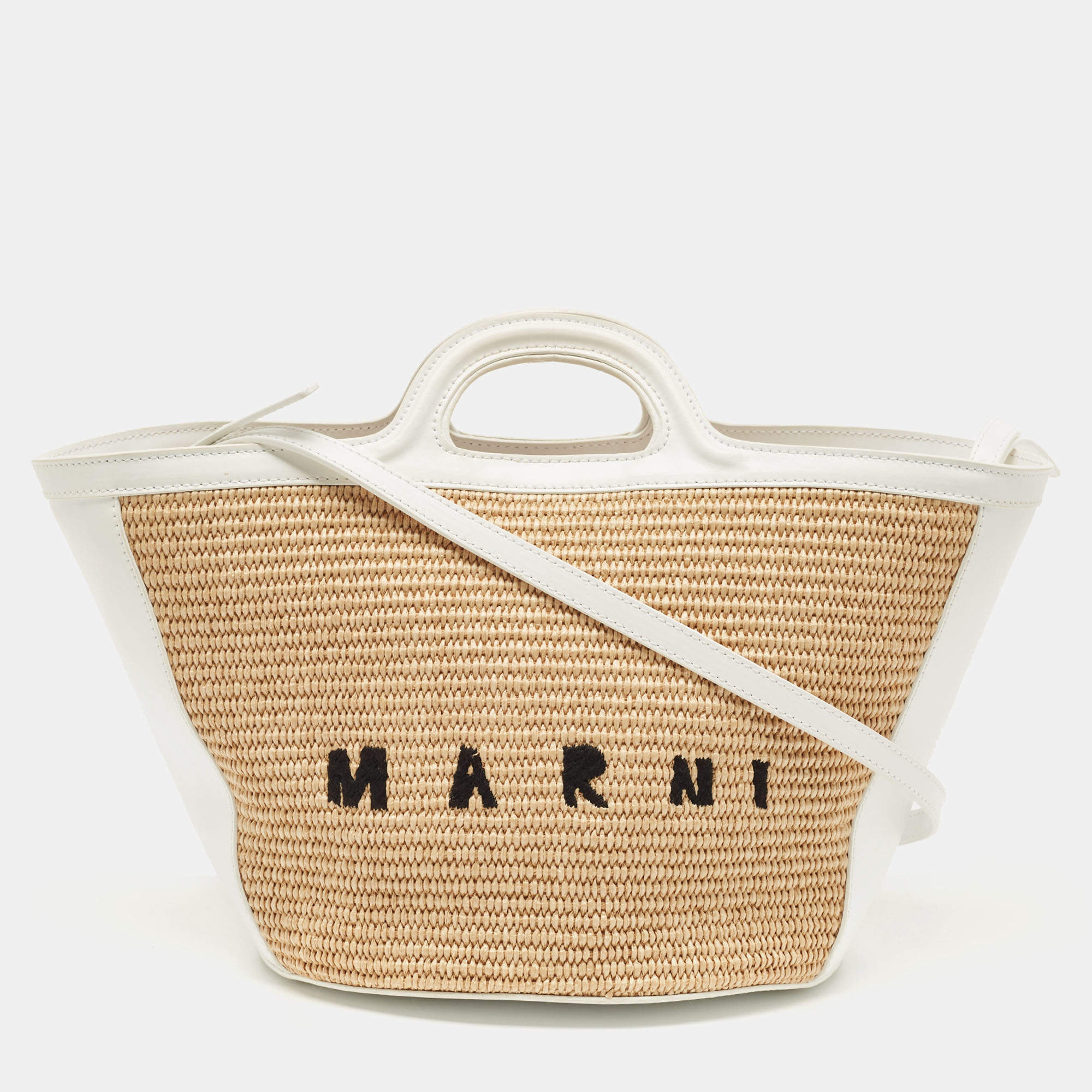 Marni White Natural Raffia and Leather Small Tropicalia Tote Marni