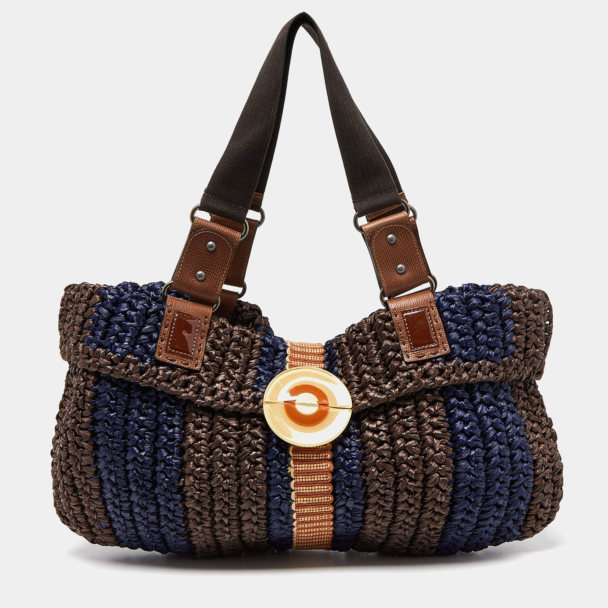 Pre Owned Marni Brown/Blue Woven Straw and Leather Round Lock Tote