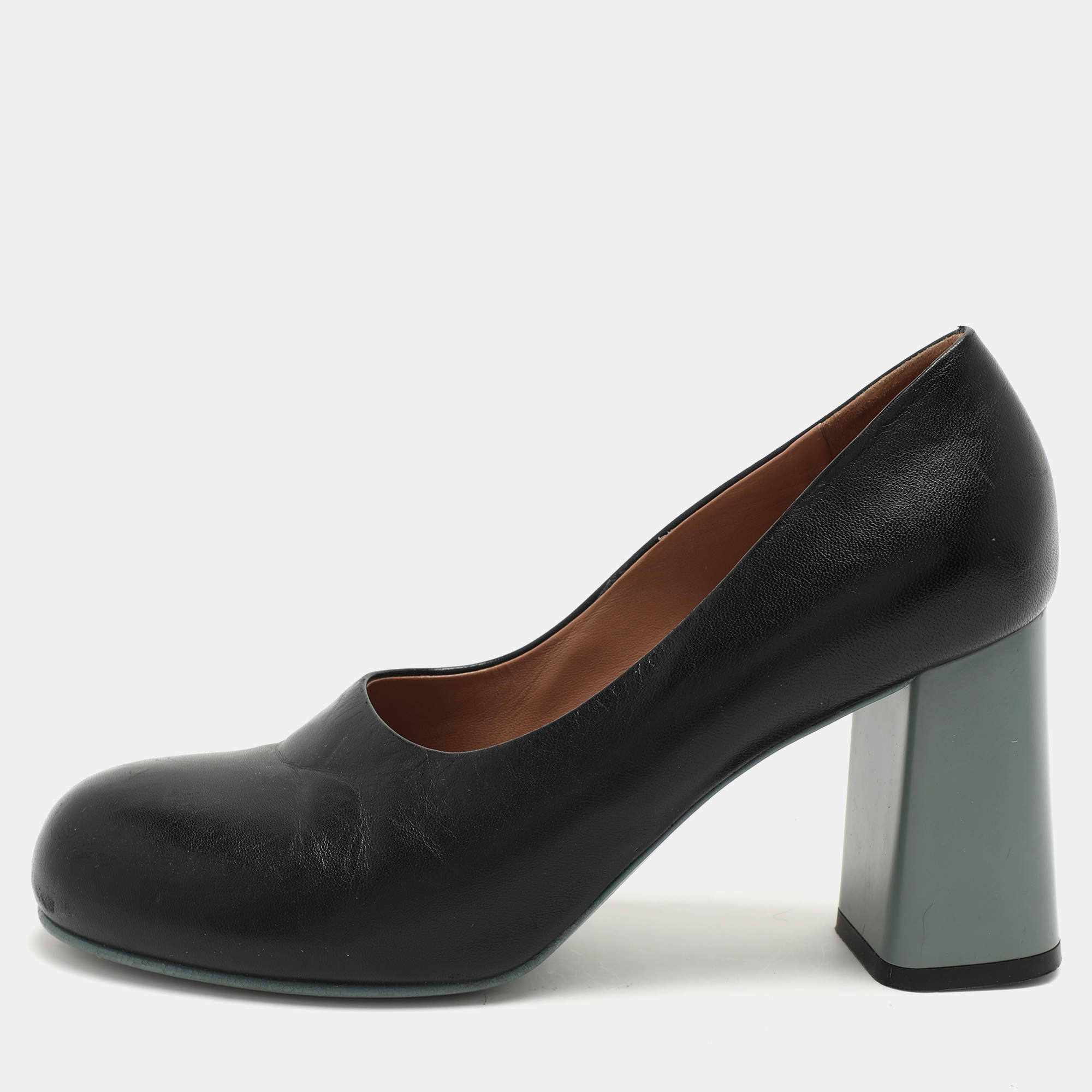 Marni Black Leather Round Toe Block Heel Pumps Size 39.5