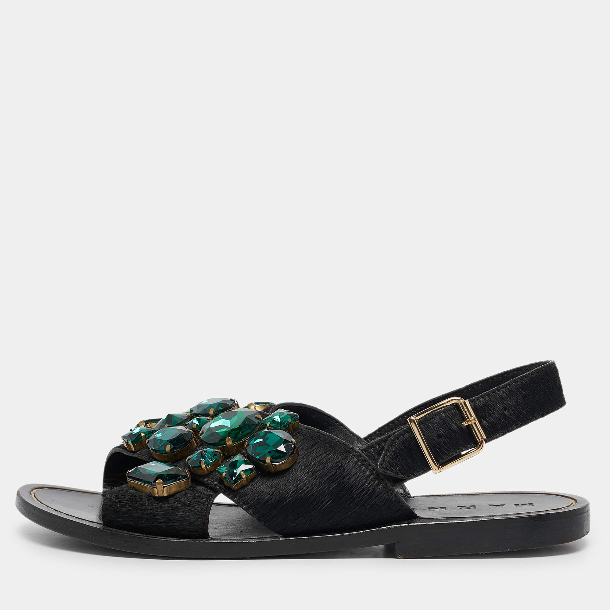Marni Black Calf Hair Embellished Flat Slingback Sandals Size 37