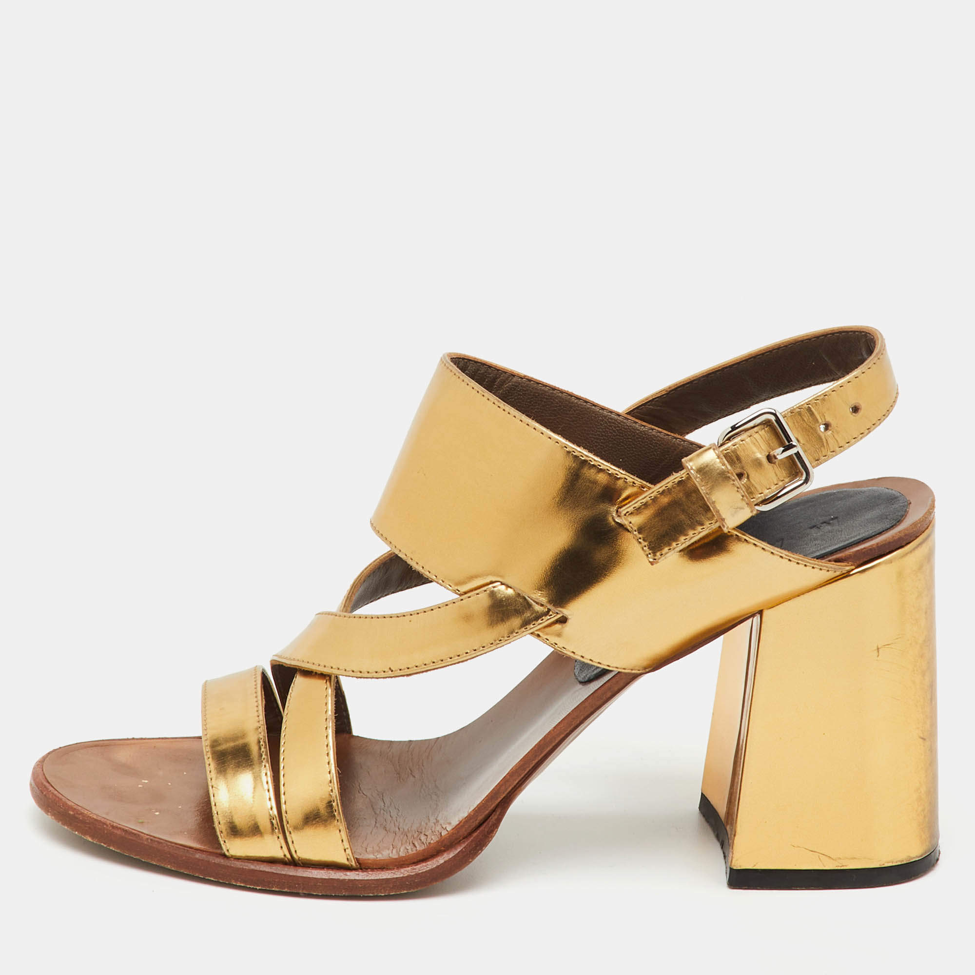 Pre Owned Marni Metallic Gold Leather Open Toe Block Heel Sandals Size 37
