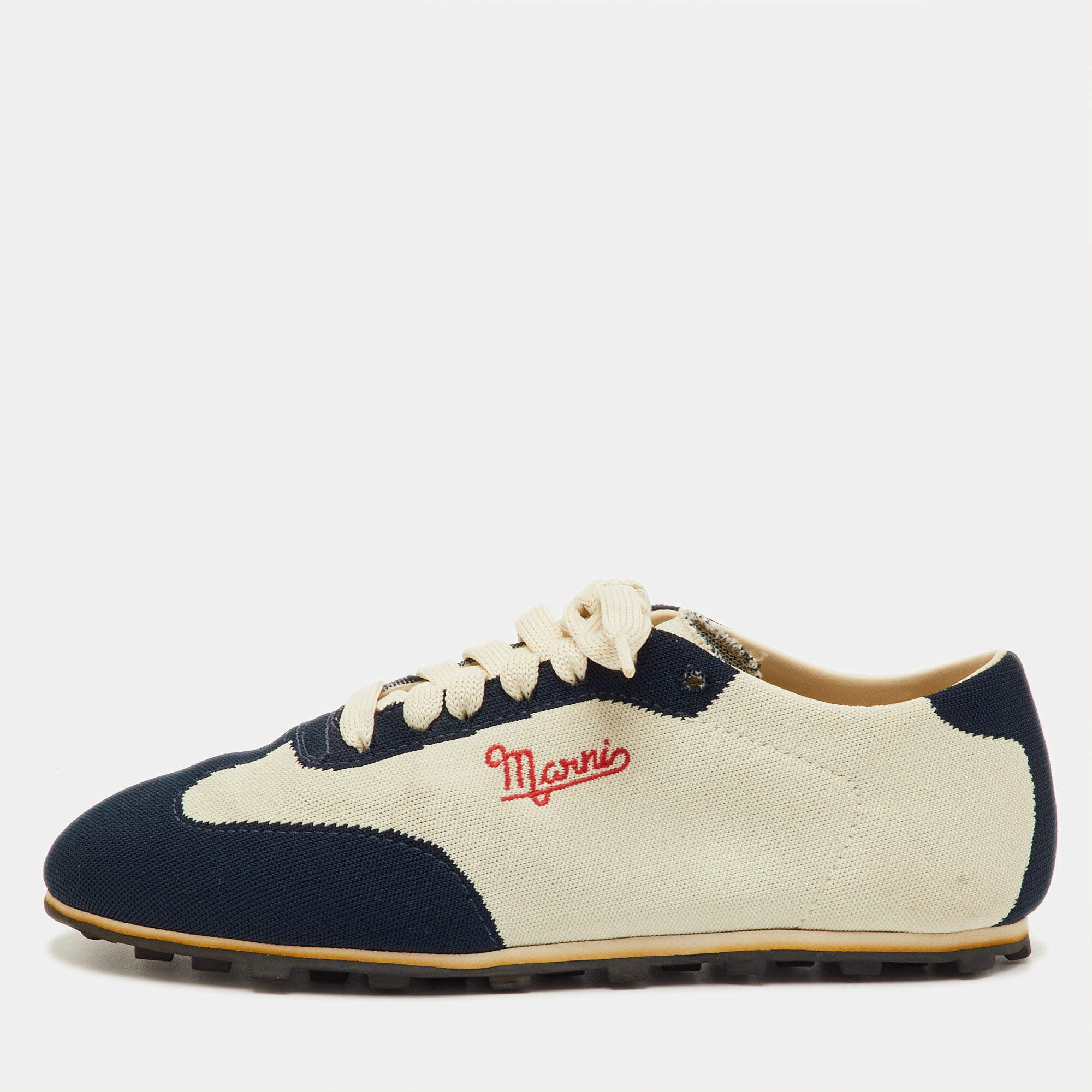 مملوكة مسبقًا Marni Size 36 Navy Blue/Off White Stretch Fabric Softy Soccer Low Top Sneakers