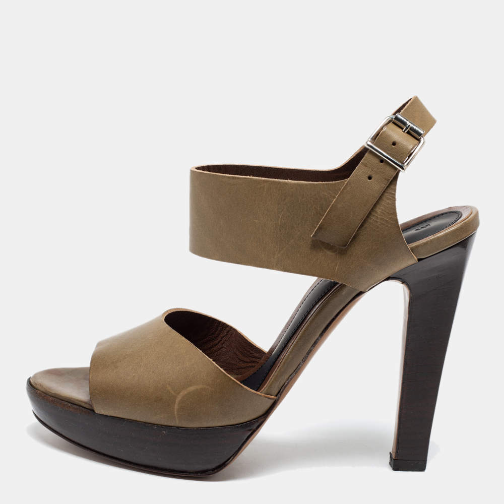 Pre Owned Marni Olive Green Leather Slingback Platform Sandals Size 38