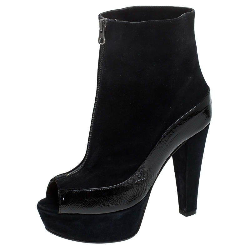 Marni Black Suede And Patent Leather Peep Toe Boots Size 37.5
