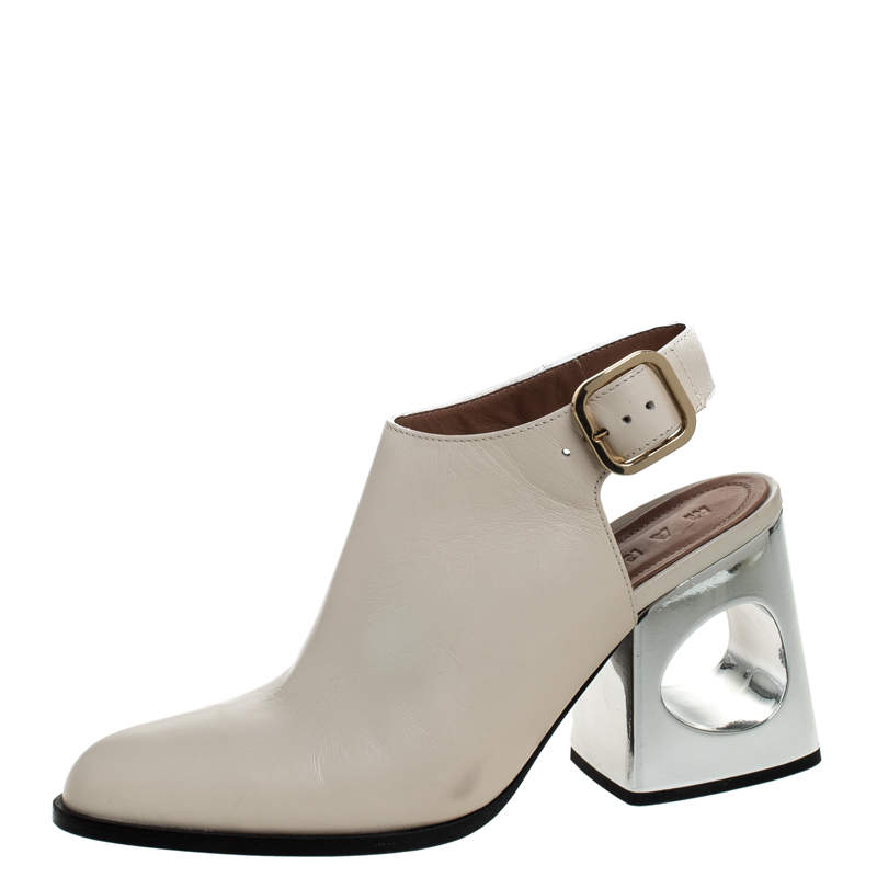 Pre Owned Marni Cream Leather Pointed Toe Contrast Block Heel Slingback Sandals Size 38.5