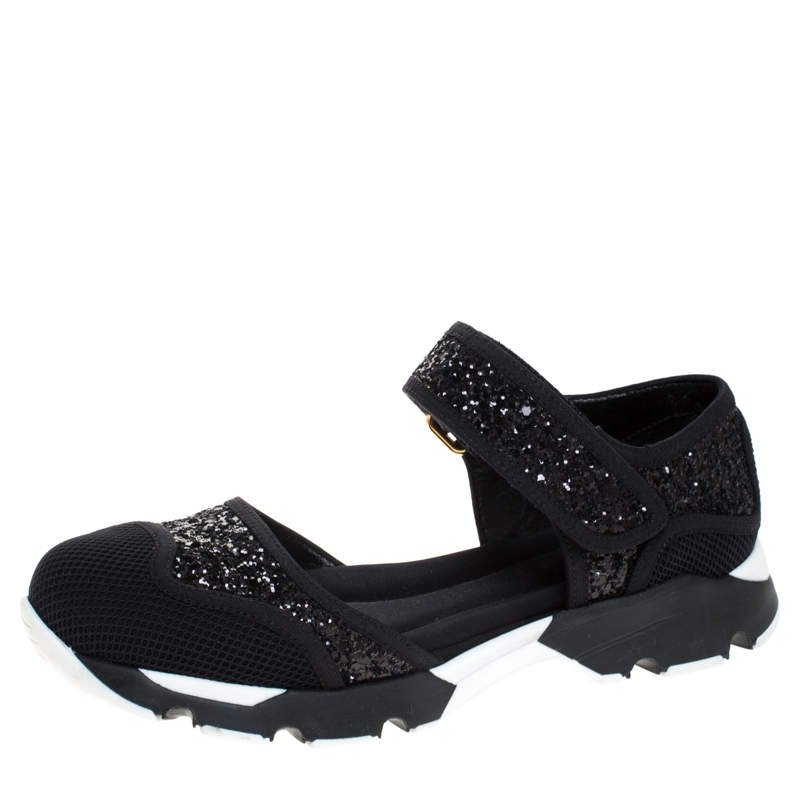 Pre Owned Marni Black Mesh and Glitter Mary Jane Sneakers Size 36