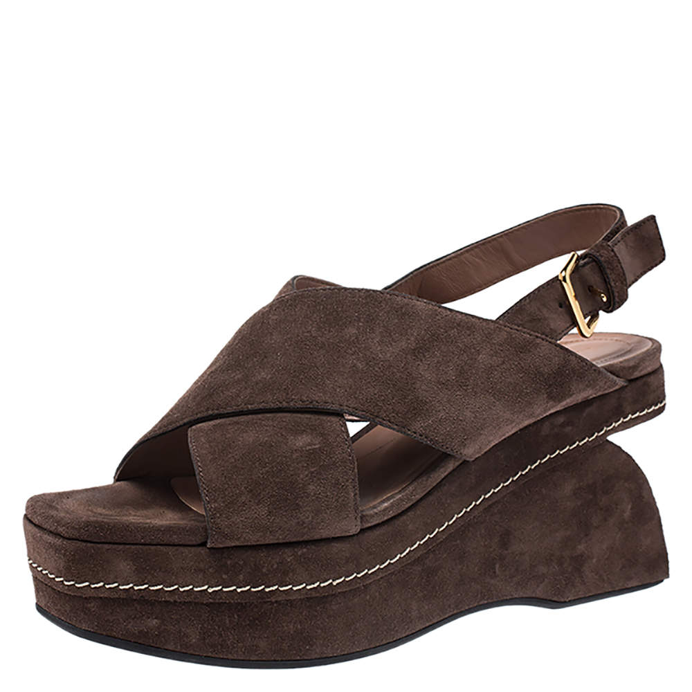 Marni Brown Suede Crisscross Wedge Sandals Size 39