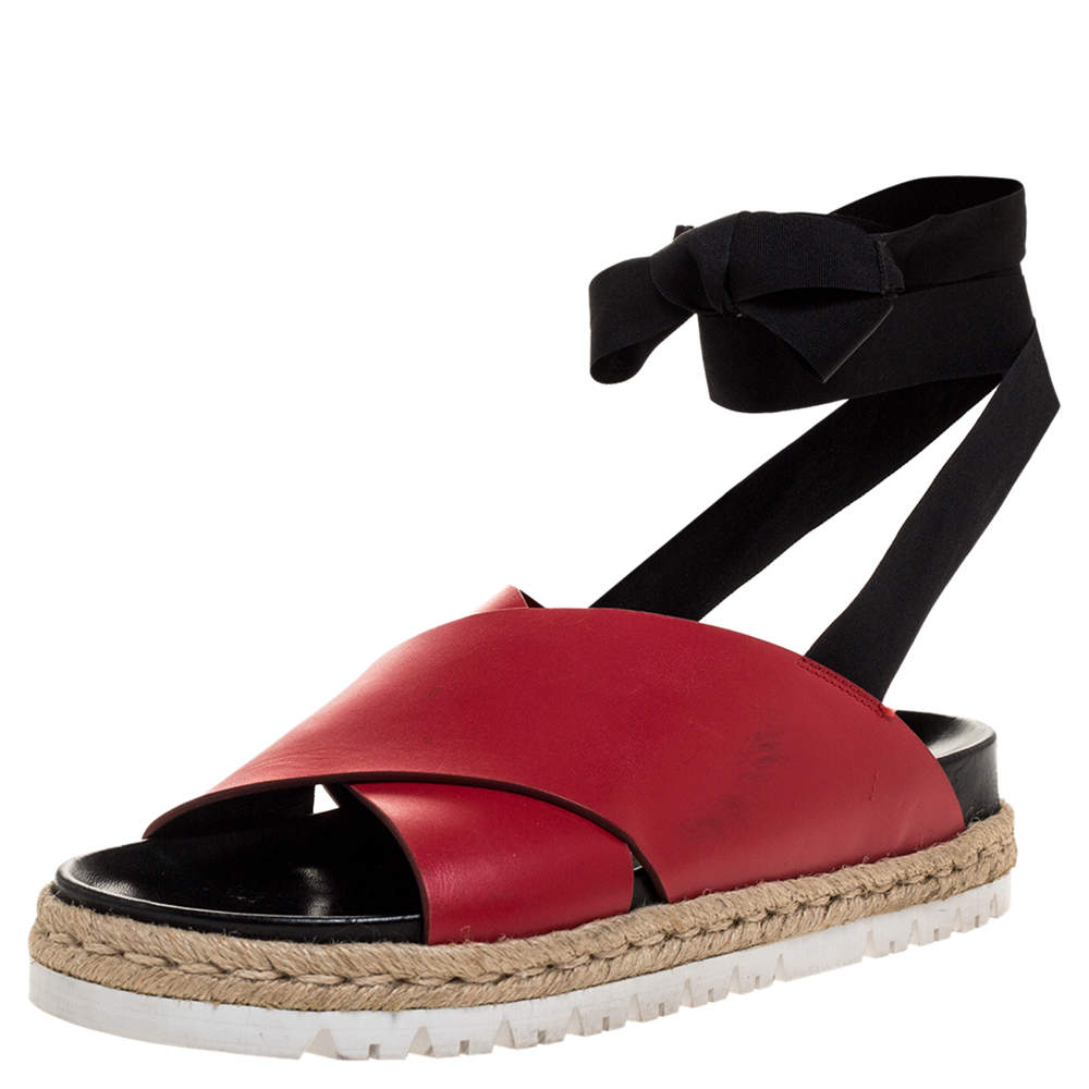 Pre Owned Marni Red Leather And Black Ribbon Ankle Wrap "Fussbett" Espadrille Flat Size 41
