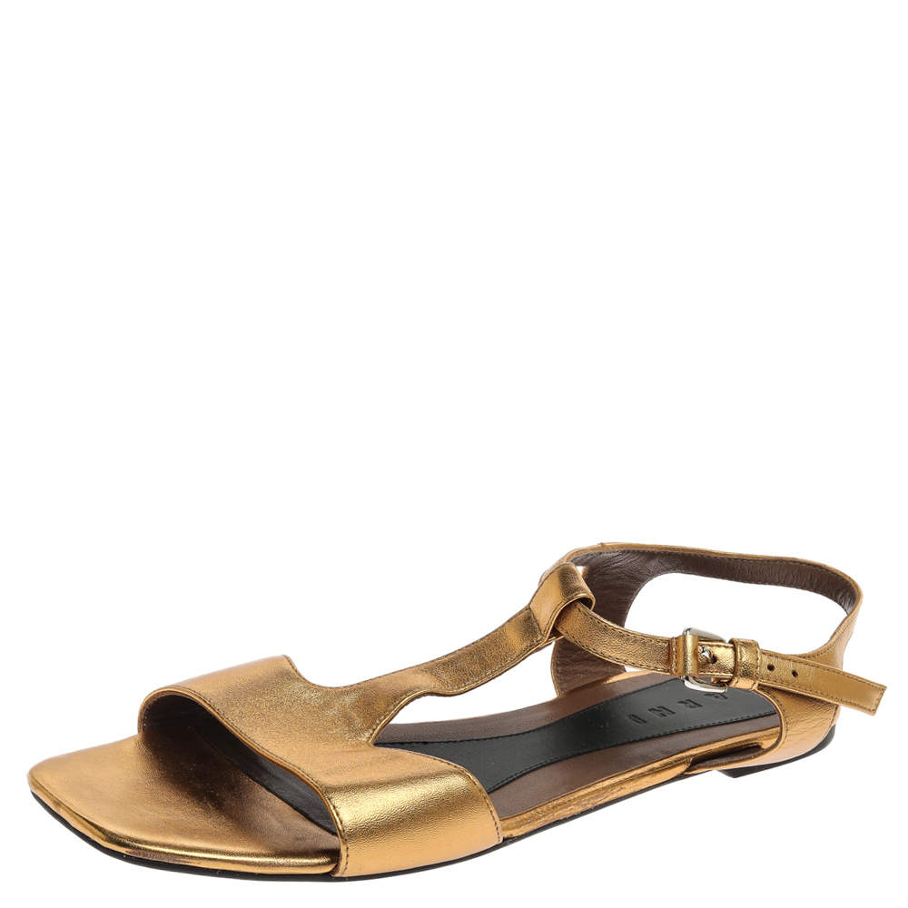 Marni Gold Leather Ankle Strap Flat Sandals Size 41
