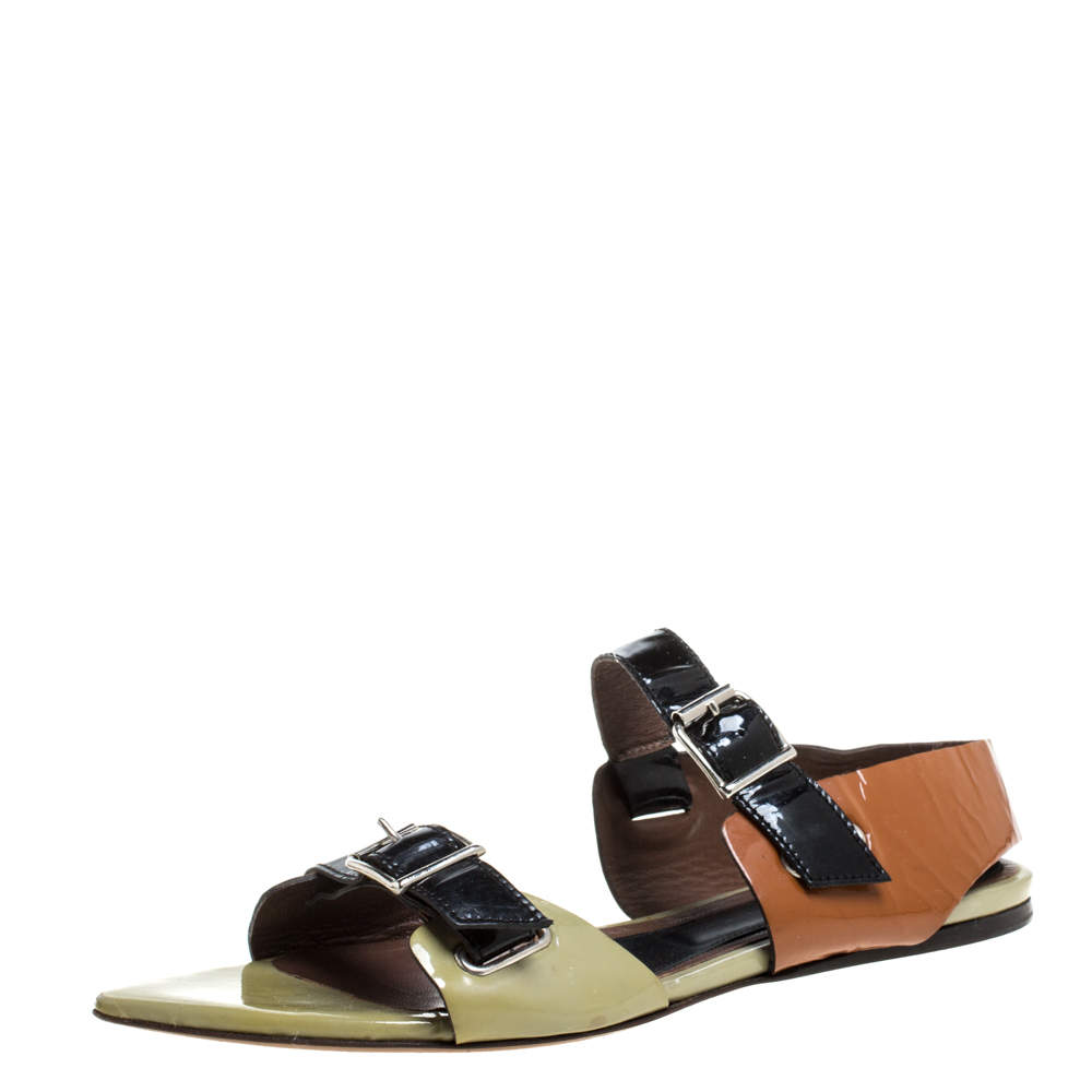 Pre Owned Marni Tricolor Patent Leather Pointed Toe Flat Sandals Size 39.5
