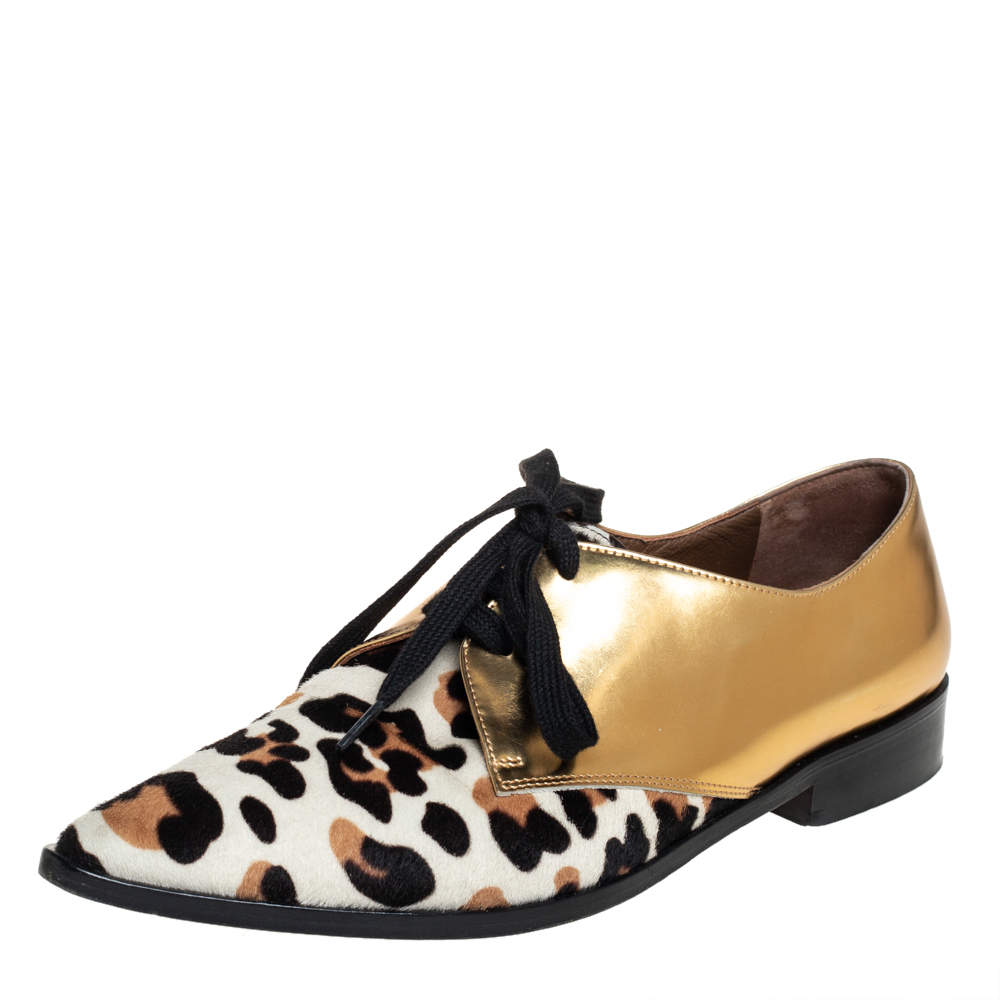 Pre Owned Marni Gold Leather And Calf Hair Lace-Up Oxford Size 37
