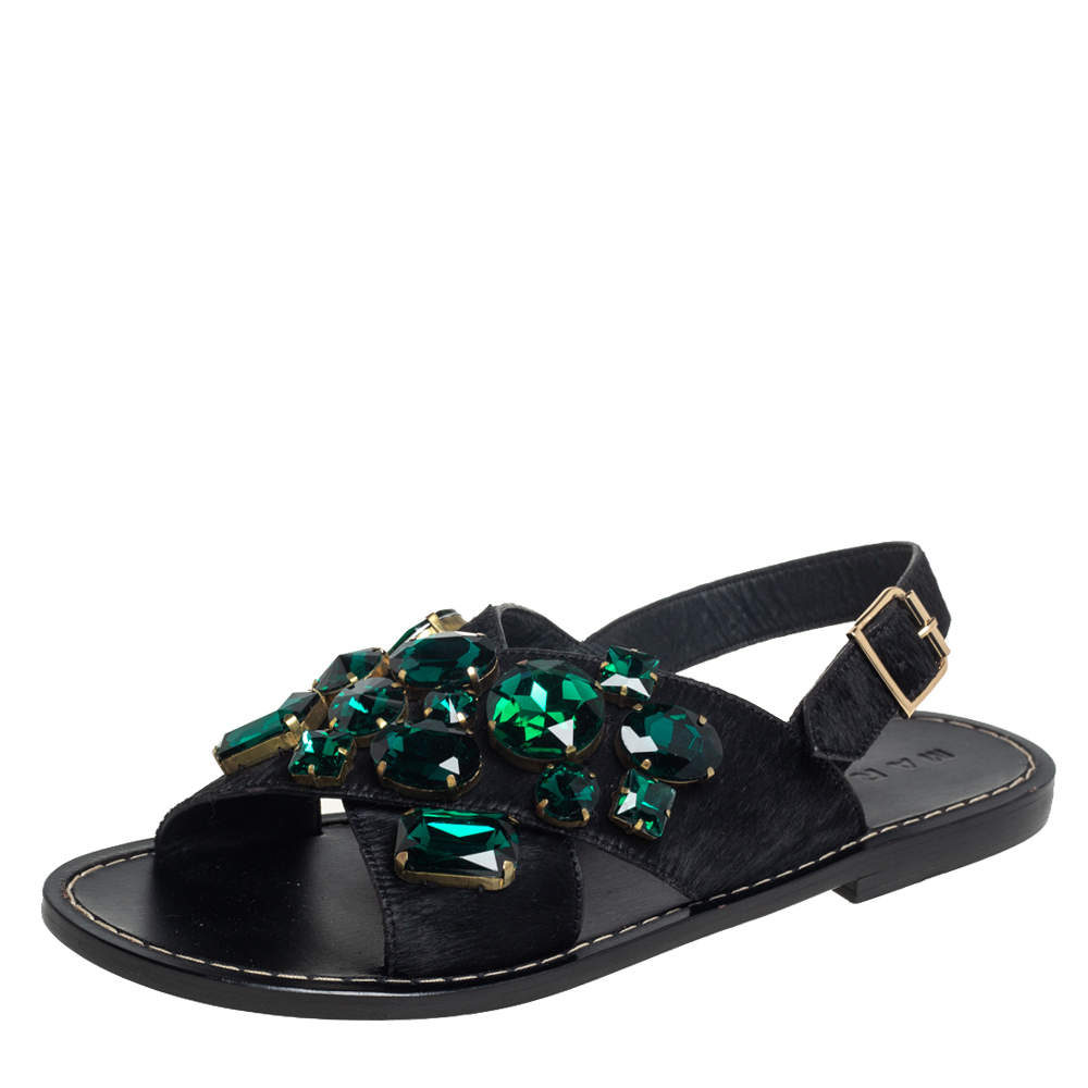 Pre Owned Marni Black Leather Embellished Flat Sandals Size 39.5