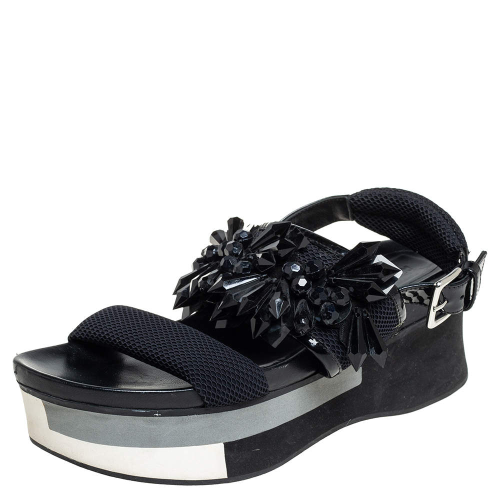 Pre Owned Marni Black Mesh And Patent Leather Embellished Platform Slingback Sandals Size 38