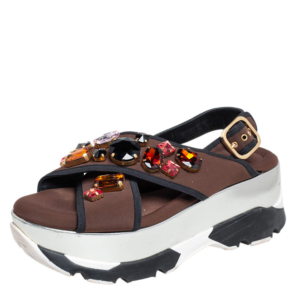 Pre Owned Marni Brown Fabric Jewel Embellished Crisscross Platform Sandals Size 39