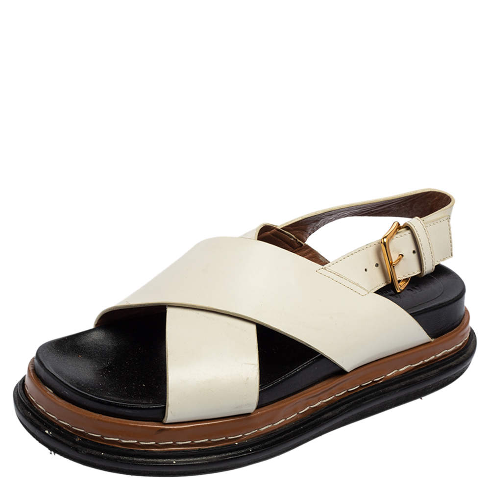 Pre Owned Marni White Leather Crisscross Slingback Platform Sandals Size 37