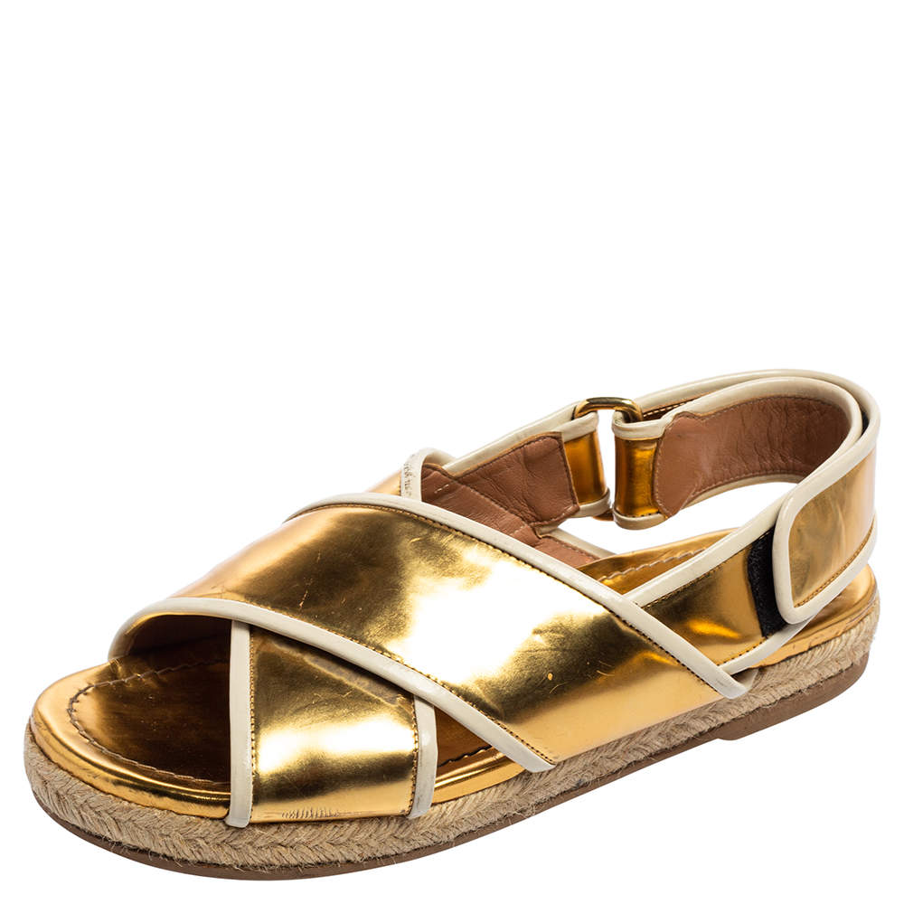 Pre Owned Marni Metallic Gold Leather Espadrille Flat Sandals Size 37